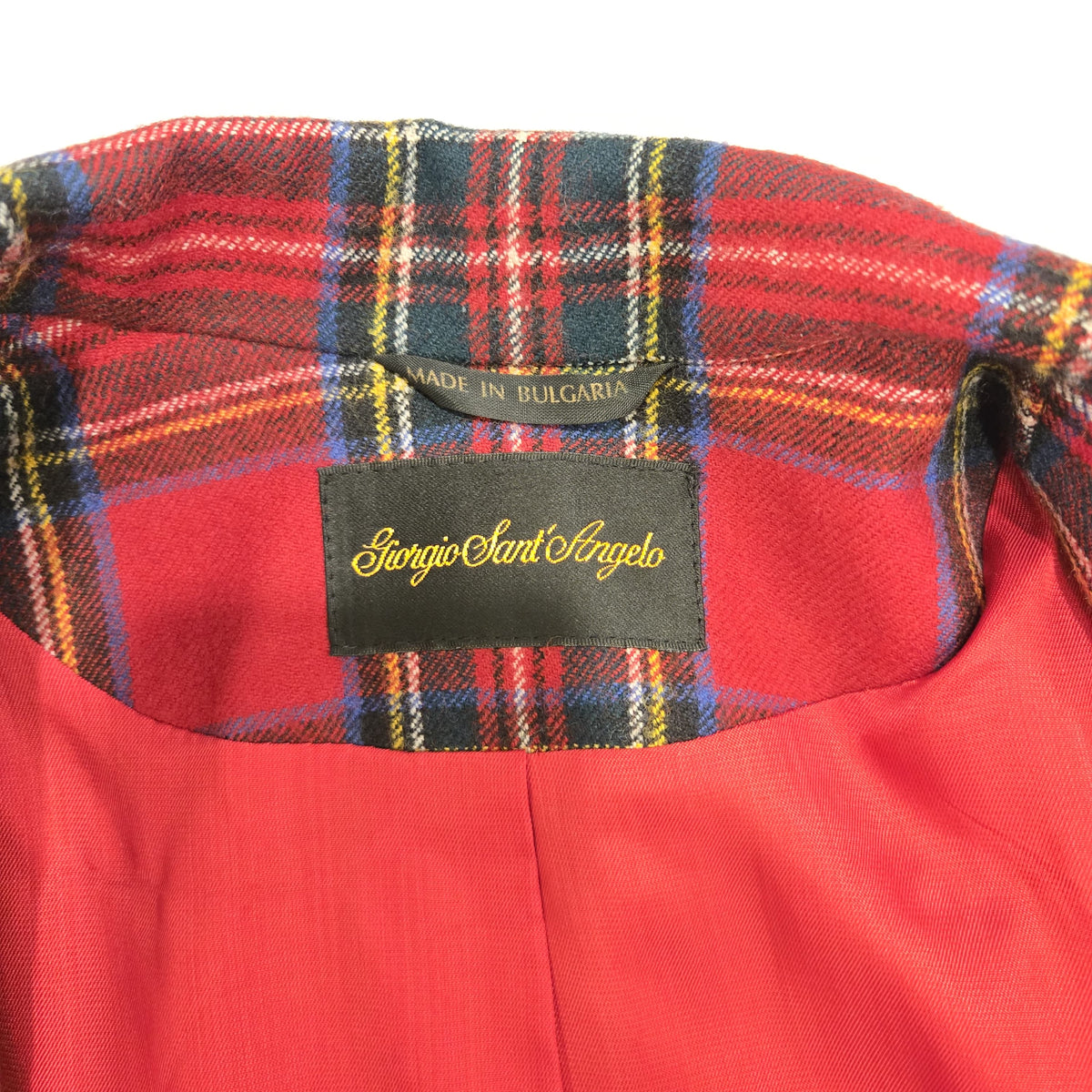 Vintage 80s GIORGIO SANT’ANGELO Red Tartan Plaid Wool Blazer Brass Buttons Sz 12 M-L
