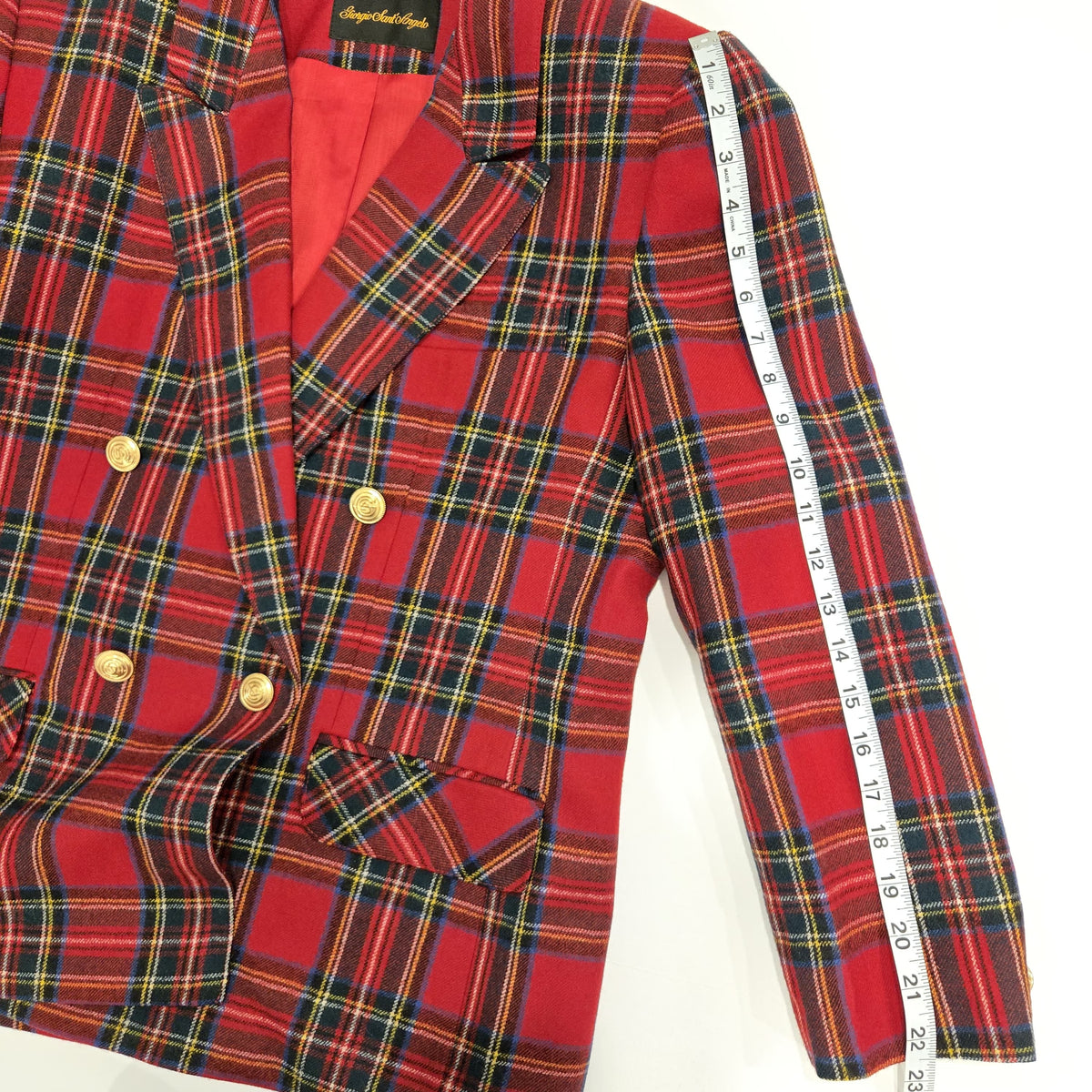Vintage 80s GIORGIO SANT’ANGELO Red Tartan Plaid Wool Blazer Brass Buttons Sz 12 M-L