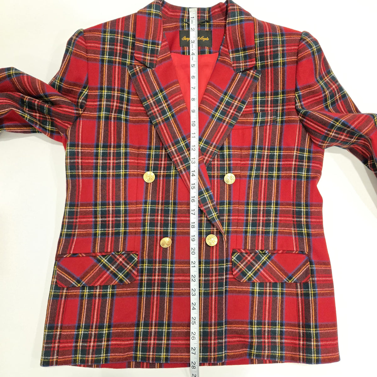 Vintage 80s GIORGIO SANT’ANGELO Red Tartan Plaid Wool Blazer Brass Buttons Sz 12 M-L