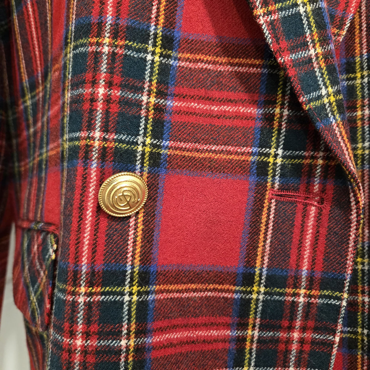 Vintage 80s GIORGIO SANT’ANGELO Red Tartan Plaid Wool Blazer Brass Buttons Sz 12 M-L