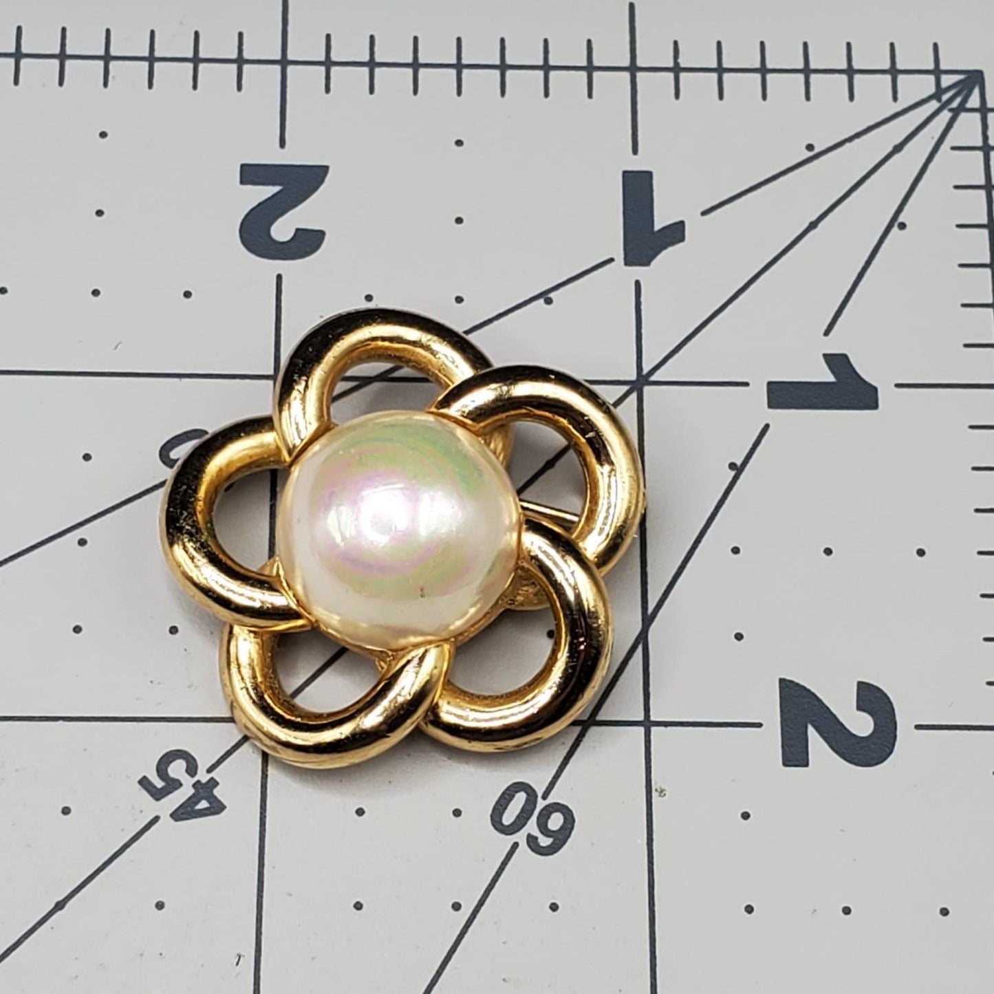 Vintage CHRISTIAN DIOR Gold Tone, Faux Pearl, Flower Shaped Brooch Pin