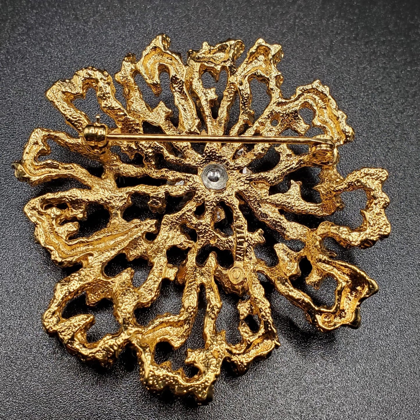 Vintage PANETTA Large Flower Shaped Brooch Pin, Gold Tone, Rhinestone