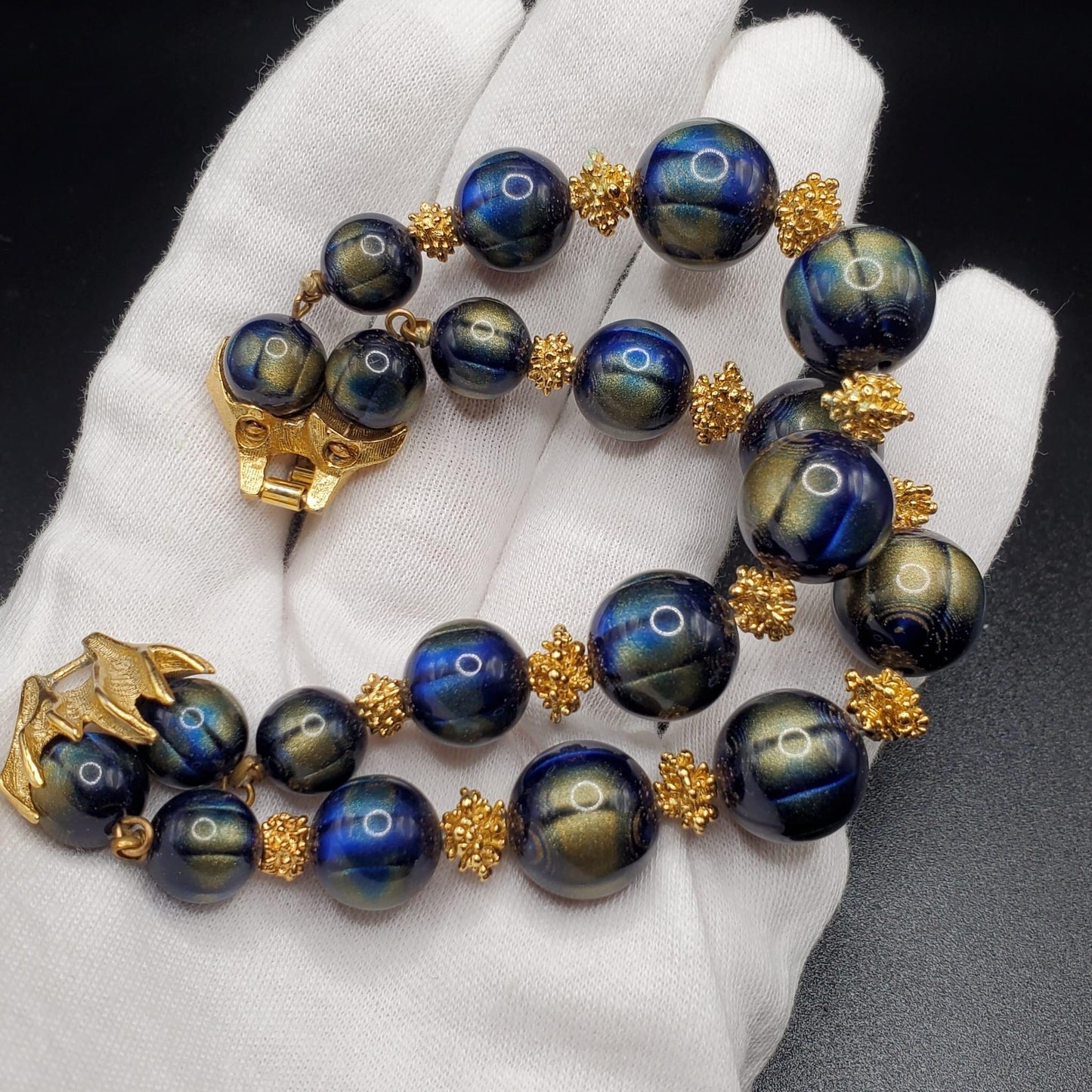 Vintage TRIFARI Crown Blue and Gold Lucite Beaded Bracelet