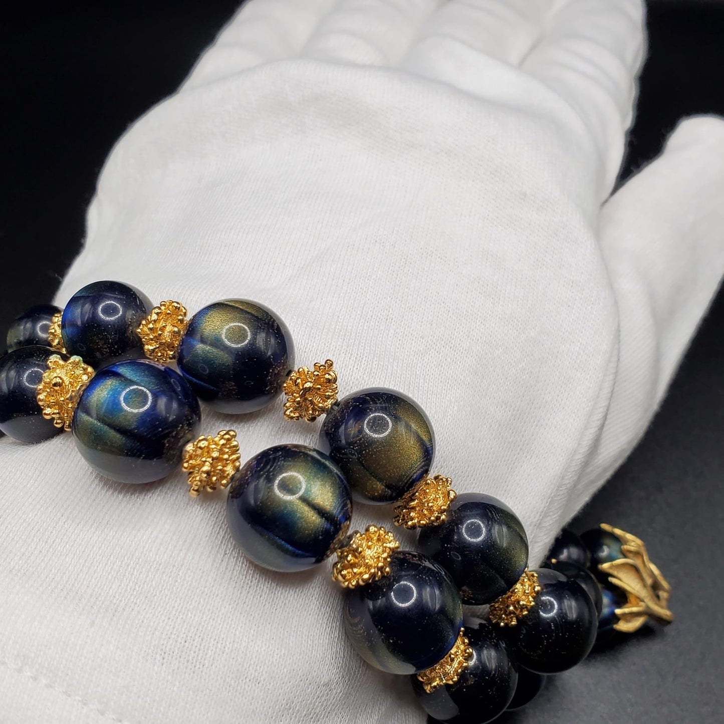 Vintage TRIFARI Crown Blue and Gold Lucite Beaded Bracelet