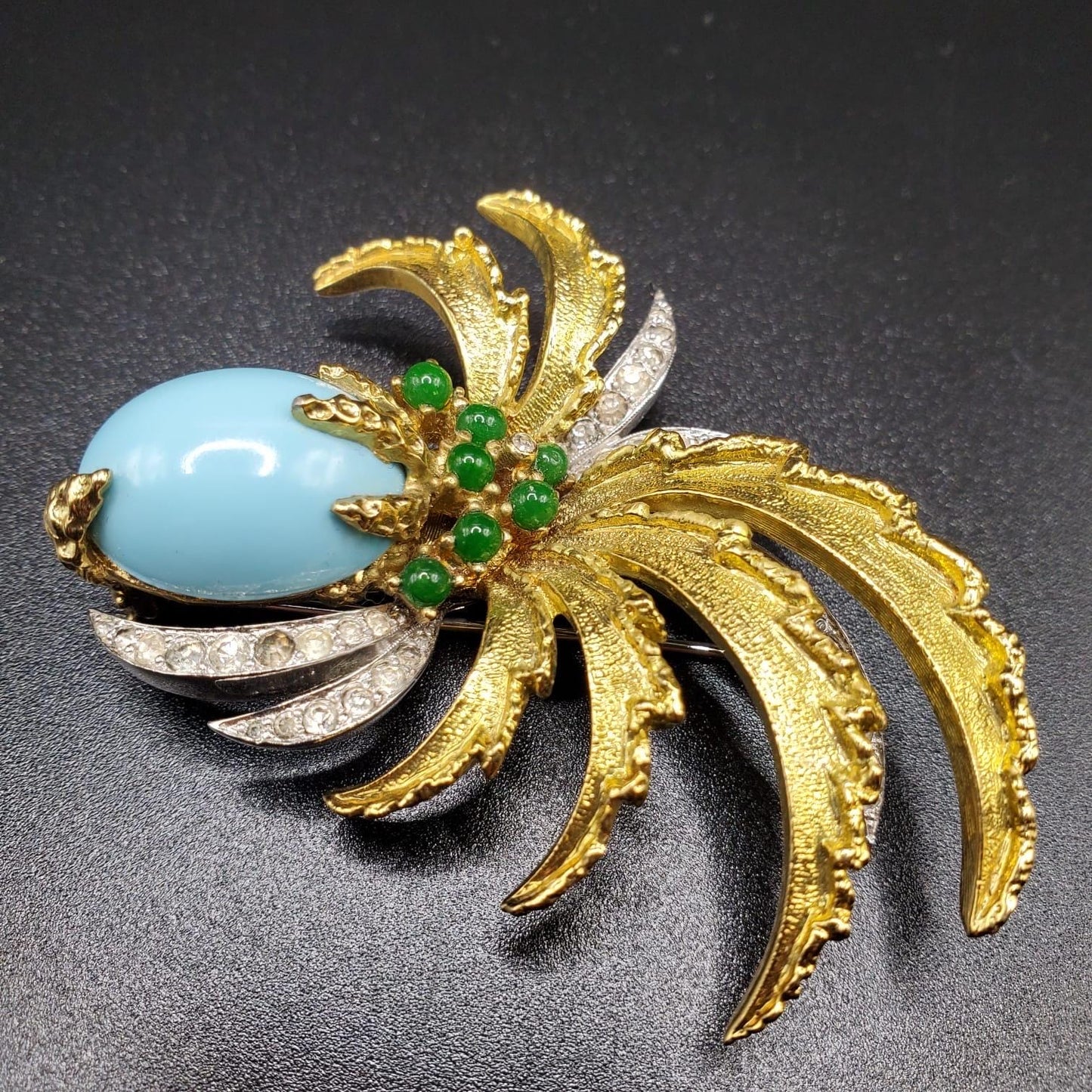 Vintage JOMAZ Signed Very Rare Pineapple Shaped Faux Turquoise And Faux Jade Cabochons Rhinestones Gold And Silver Tone Brooch Pin