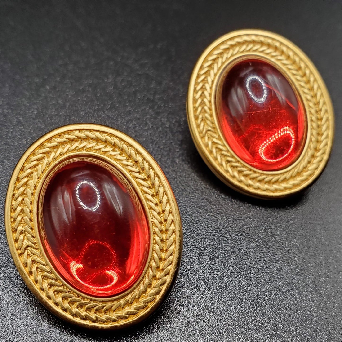 Vintage MONET Signed, Oval Shaped, Ruby Red Cabochon, Matte Gold Tone, Pierced Earrings, Very Rare