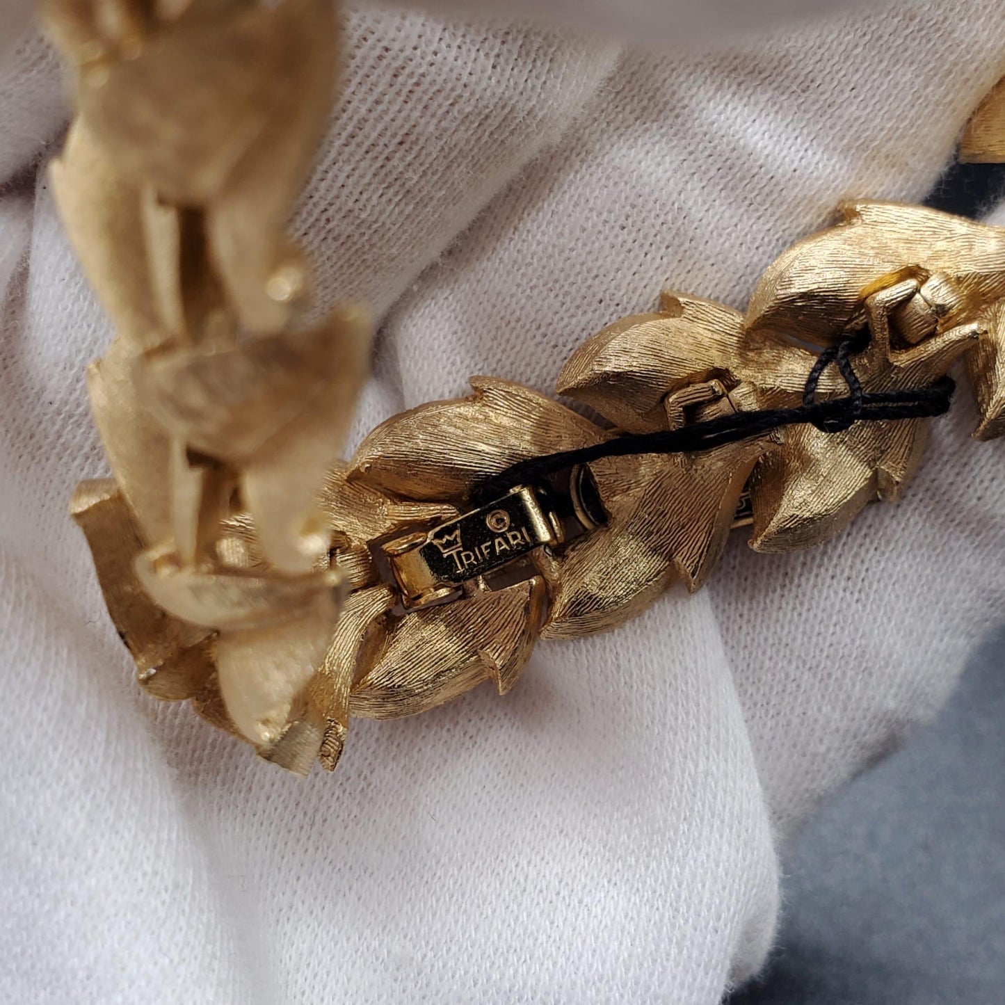 Vintage TRIFARI Crown Signed Leaf Bracelet With Tag, Brushed Gold Tone Metal