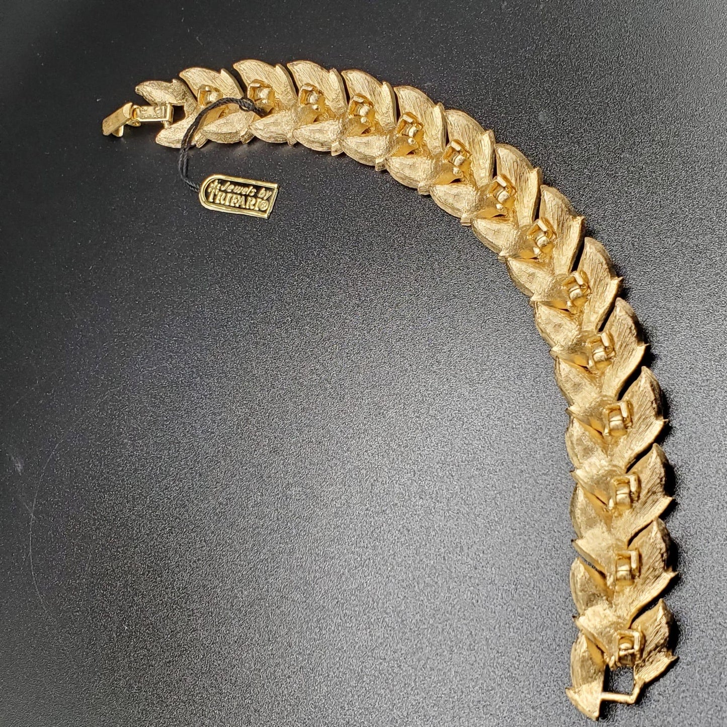 Vintage TRIFARI Crown Signed Leaf Bracelet With Tag, Brushed Gold Tone Metal