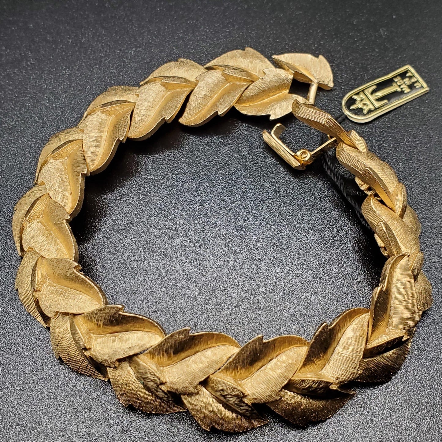 Vintage TRIFARI Crown Signed Leaf Bracelet With Tag, Brushed Gold Tone Metal