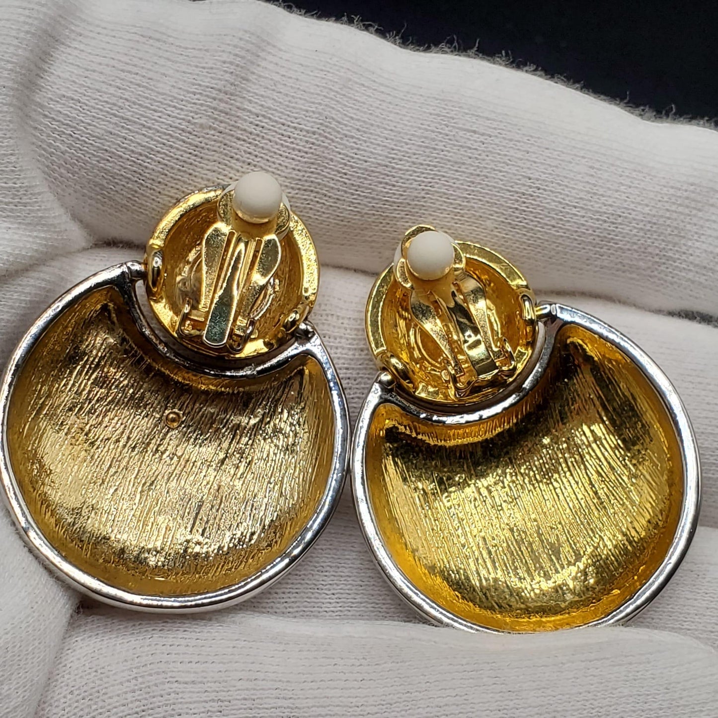 Vintage GIVENCHY Signed Logo Gold And Silver Tone Runway Designer Dangle Clip On Earrings