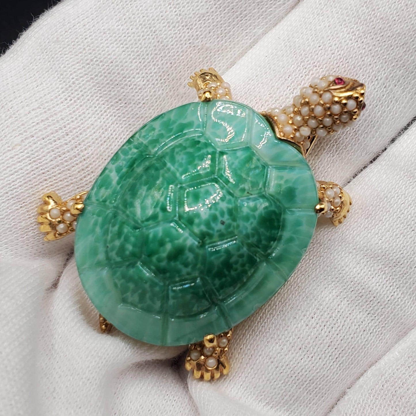 Vintage CINER Signed TURTLE BROOCH Pin Faux Seed Pearls Peking Glass Ruby Rhinestones Gold Tone Brooch Pin