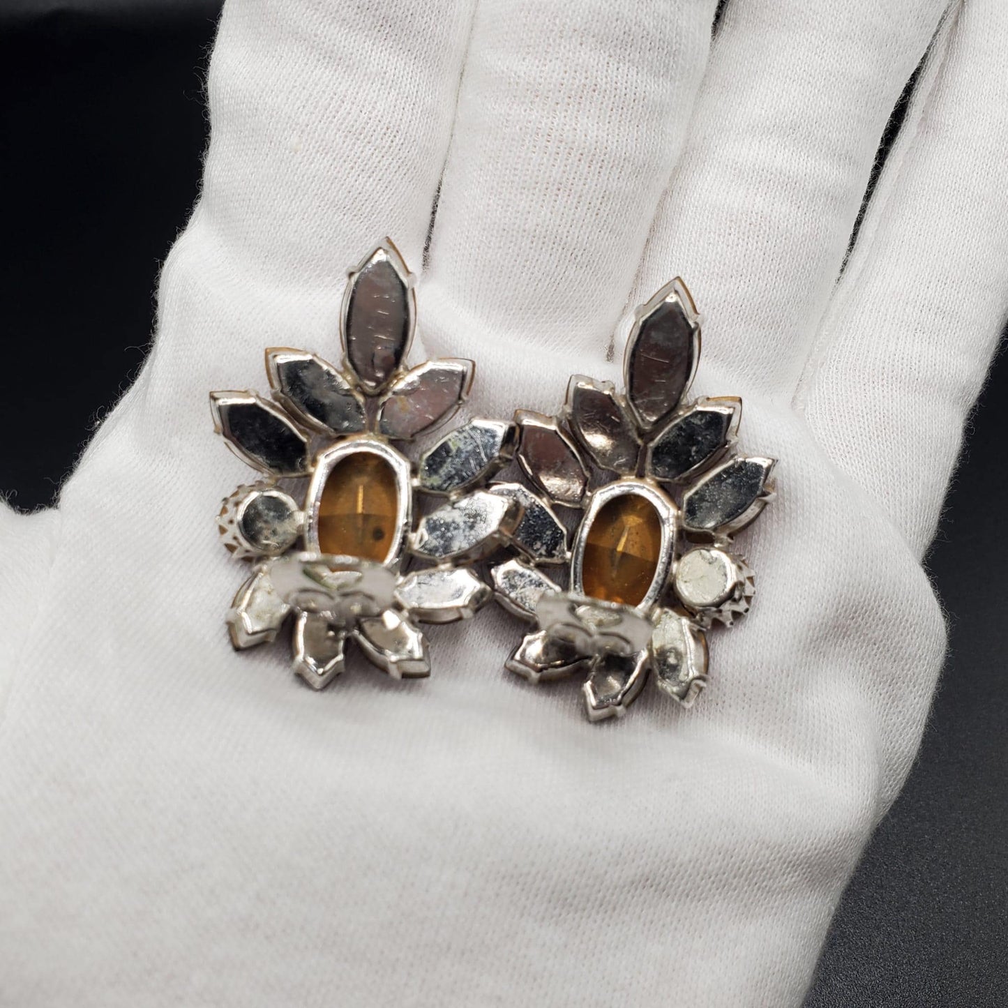 Vintage GERMANY Signed Victorian Revival Bohemian Amethyst Rhinestones Large Cluster Clip On Earrings