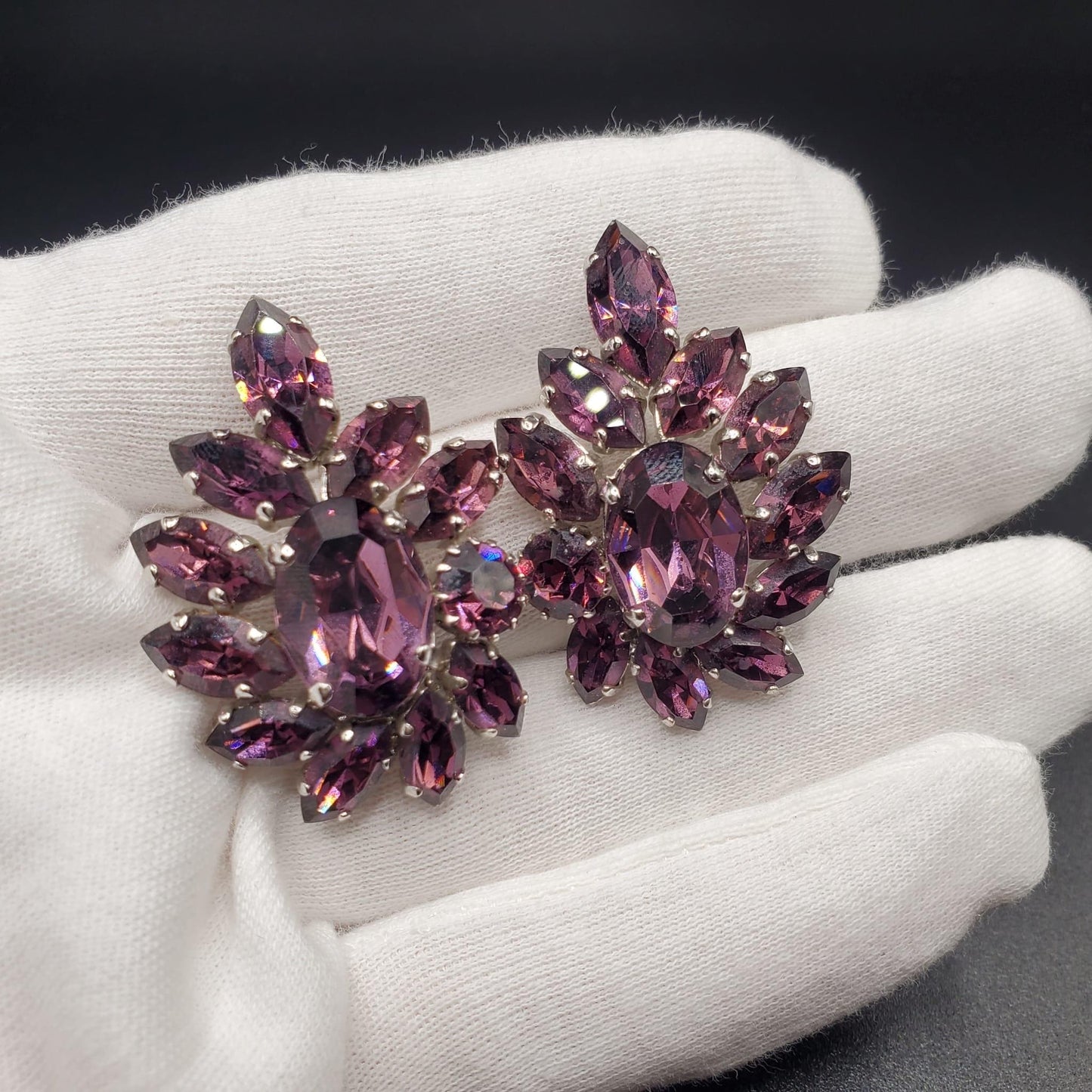 Vintage GERMANY Signed Victorian Revival Bohemian Amethyst Rhinestones Large Cluster Clip On Earrings
