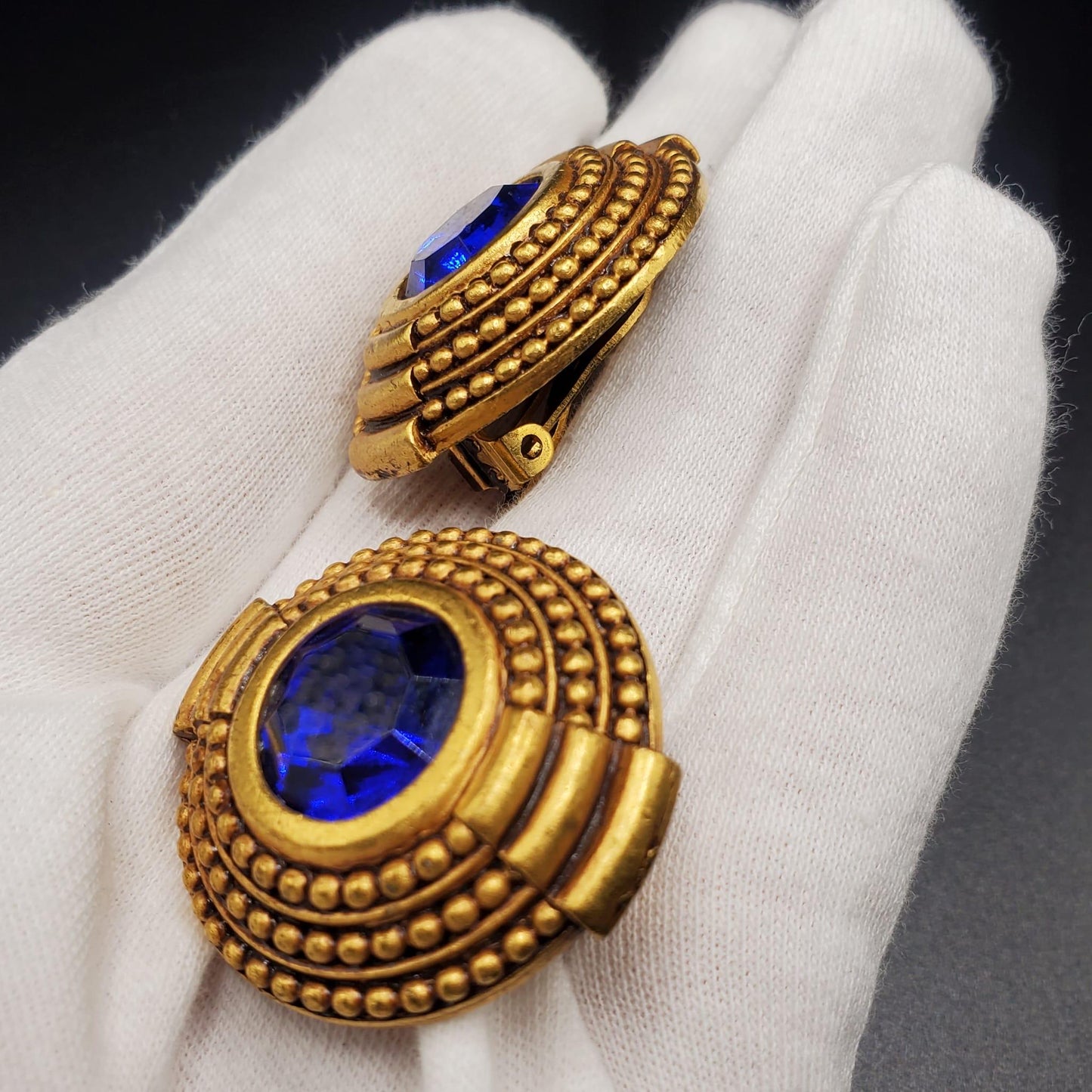 Vintage DIVA Signed, Large, Gold Tone, Round Blue Rhinestone Clip On Earrings