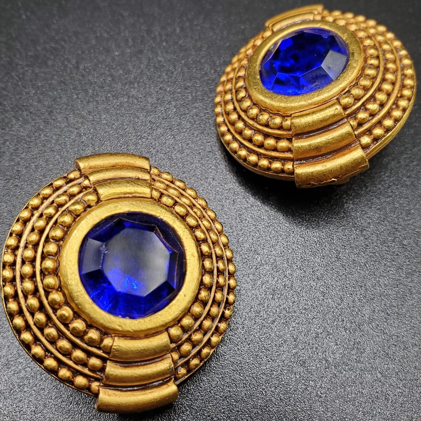 Vintage DIVA Signed, Large, Gold Tone, Round Blue Rhinestone Clip On Earrings