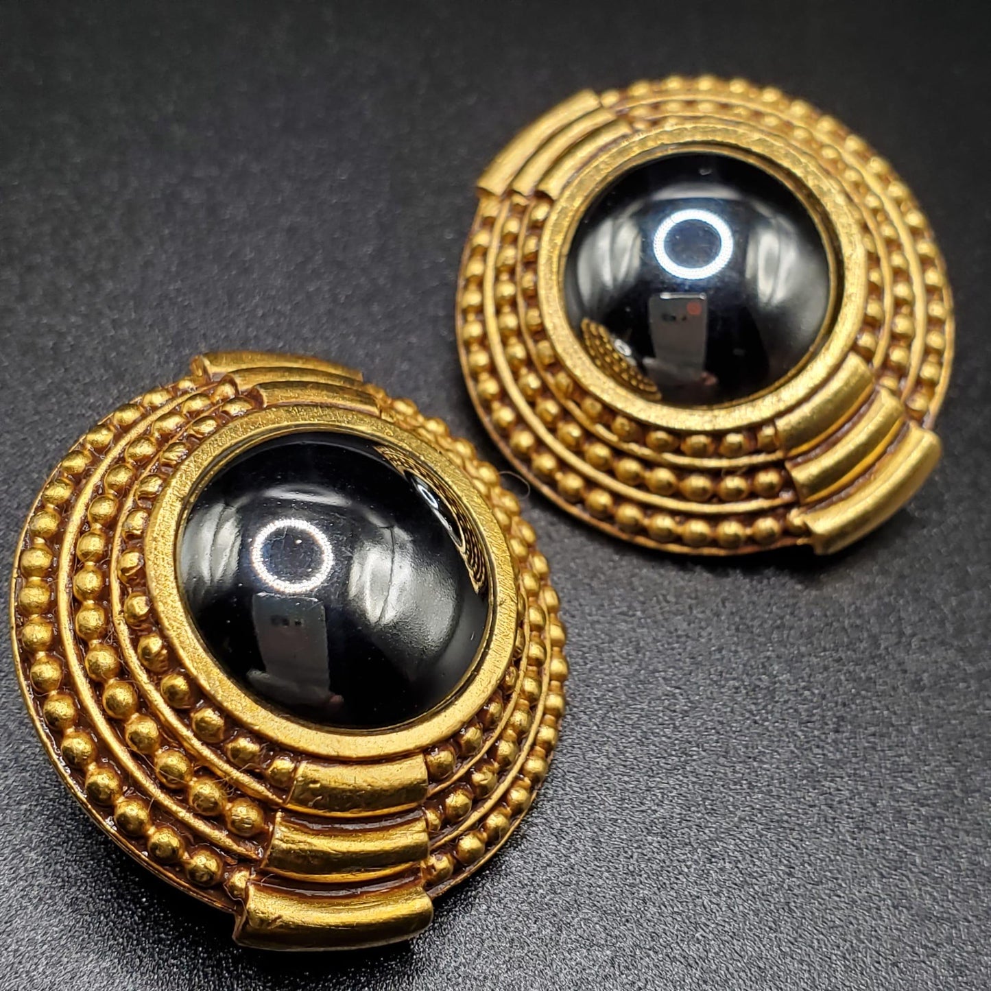 Vintage DIVA Signed, Large, Gold Tone, Round Silver-Black Rhinestone, Clip On Earrings