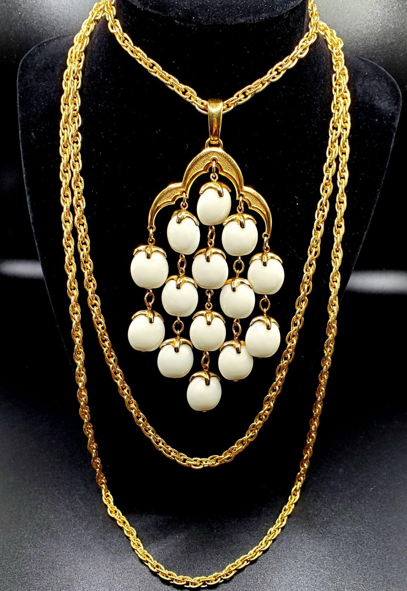 Vintage TRIFARI Crown Signed Waterfall Necklace, White Lucite Beads, Gold Tone Chains, Statement Piece