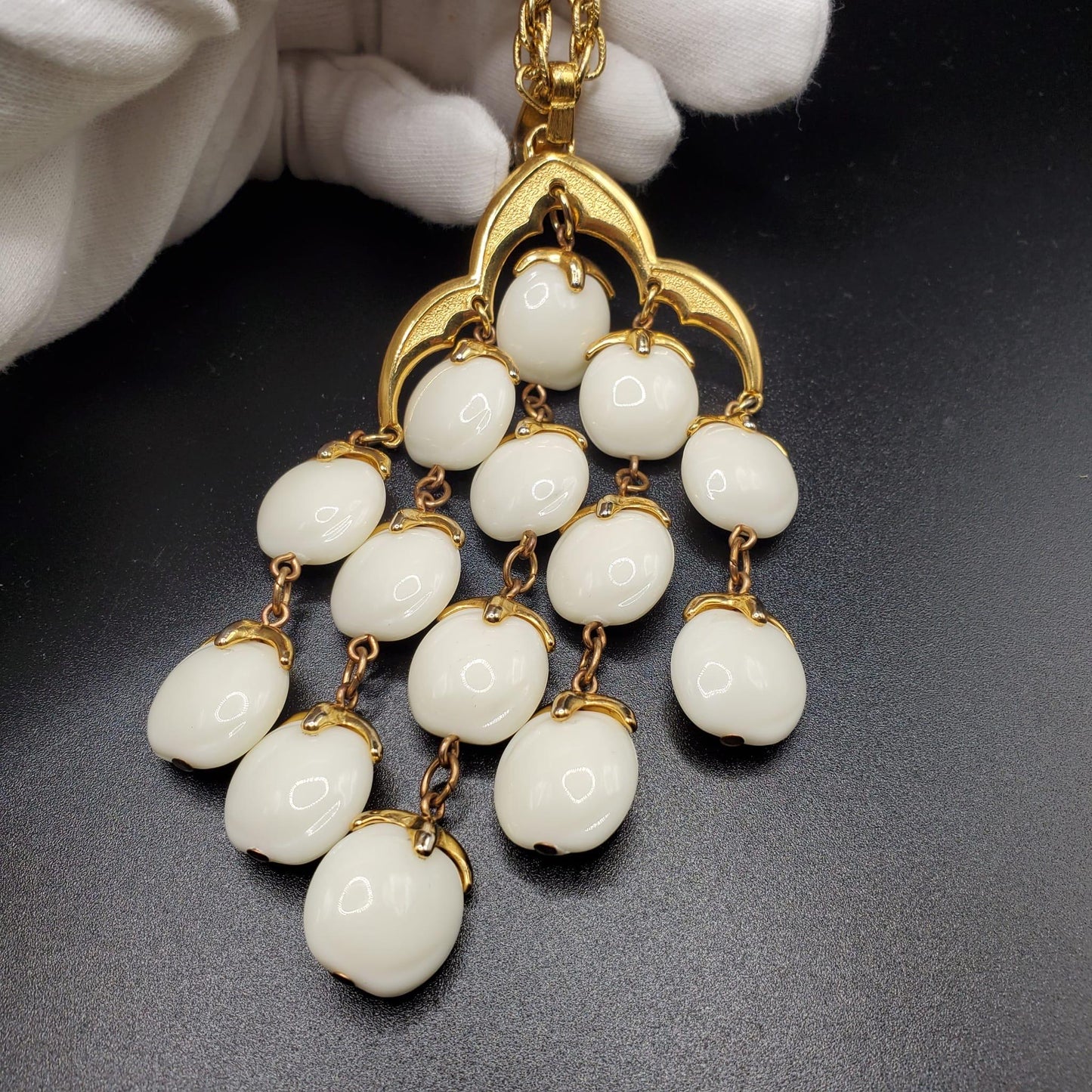 Vintage TRIFARI Crown Signed Waterfall Necklace, White Lucite Beads, Gold Tone Chains, Statement Piece