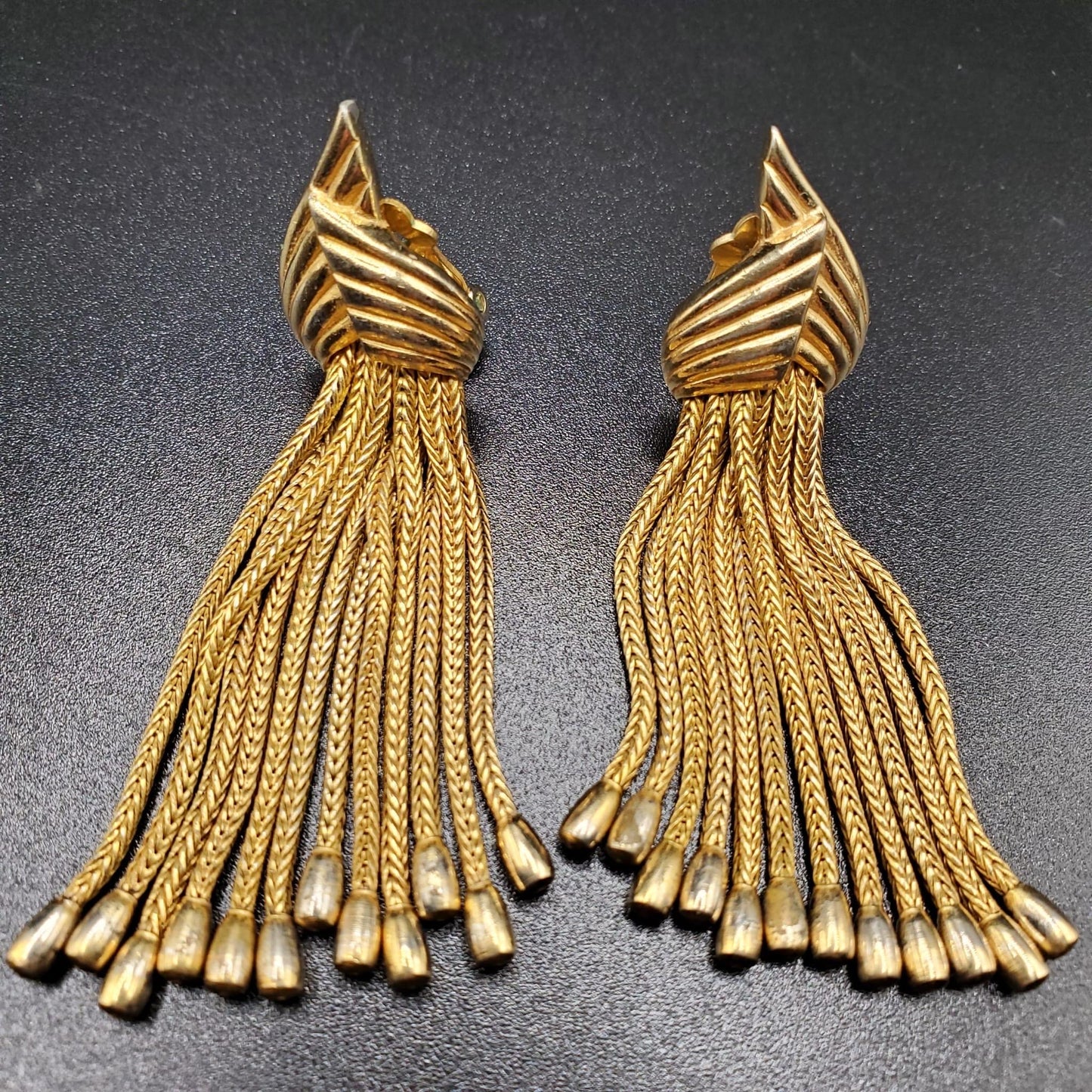 Vintage MARCEL BOUCHER Signed Runway Designer Tassel Gold Tone Clip On Earrings