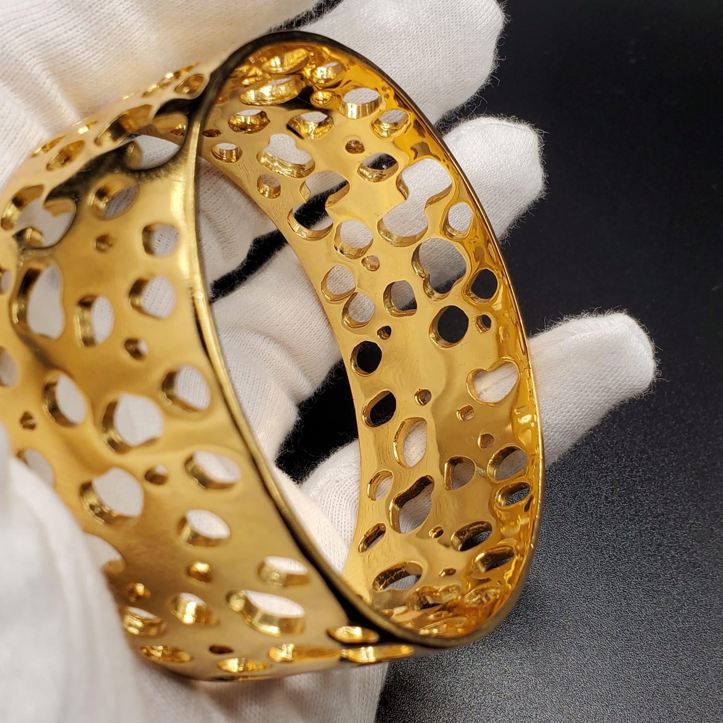 Vintage ST. JOHN Signed Designer Runway Open work Gold Tone Bangle Bracelet