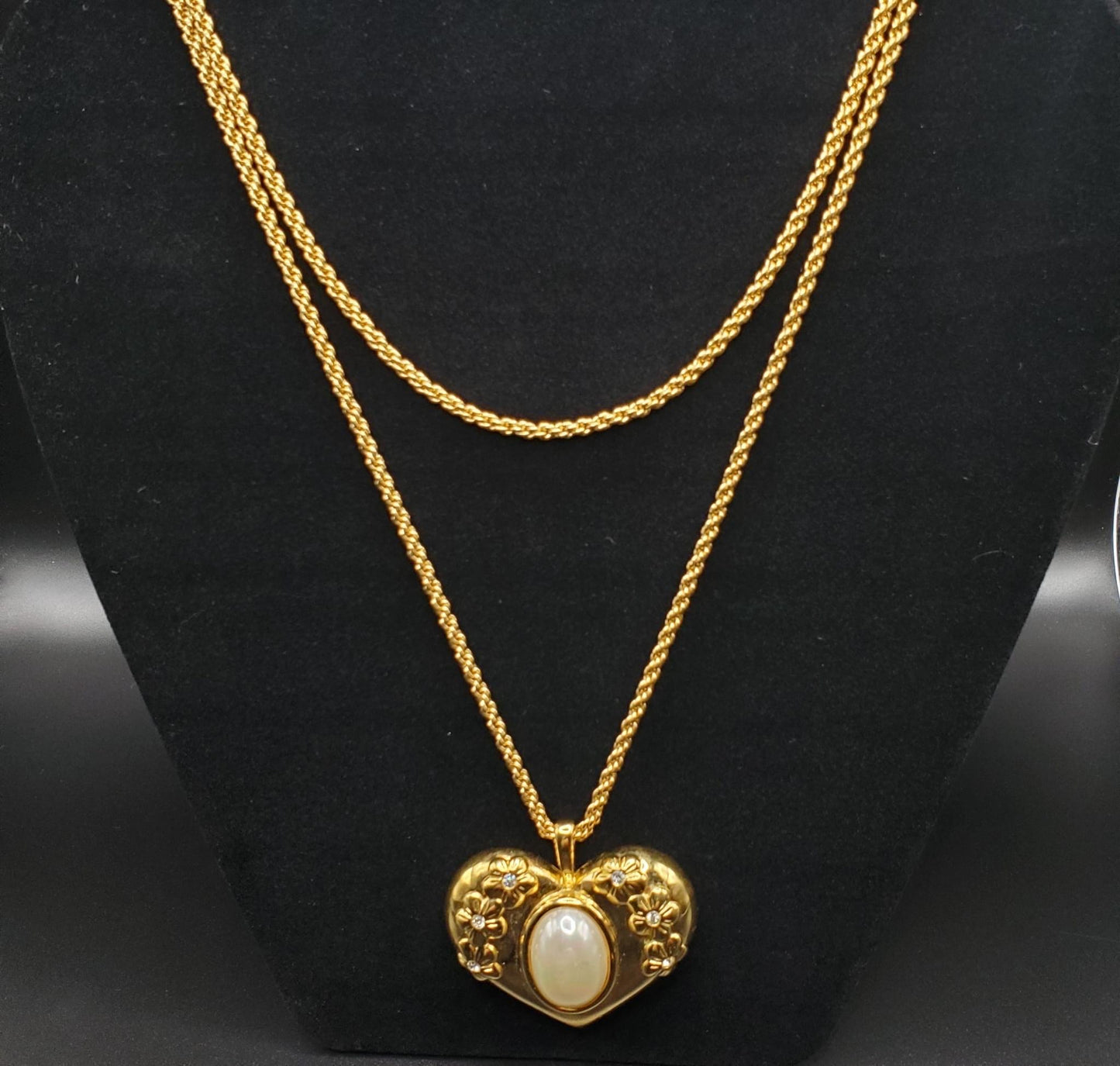 Vintage NINA RICCI Heart, Faux Pearl, Rhinestones, Gold Tone Pendant Chain Necklace, Runway, Designer