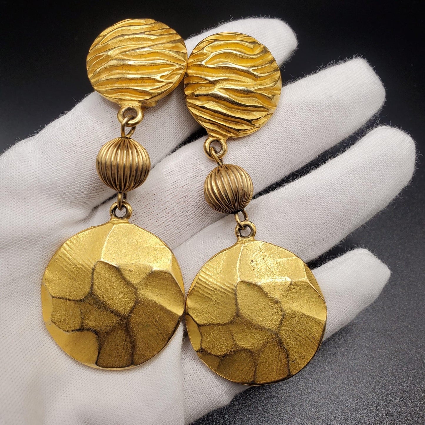 Vintage, Designer, Runway, Gold Tone Chunky, Dangle, Clip On Earrings, Rare Finds