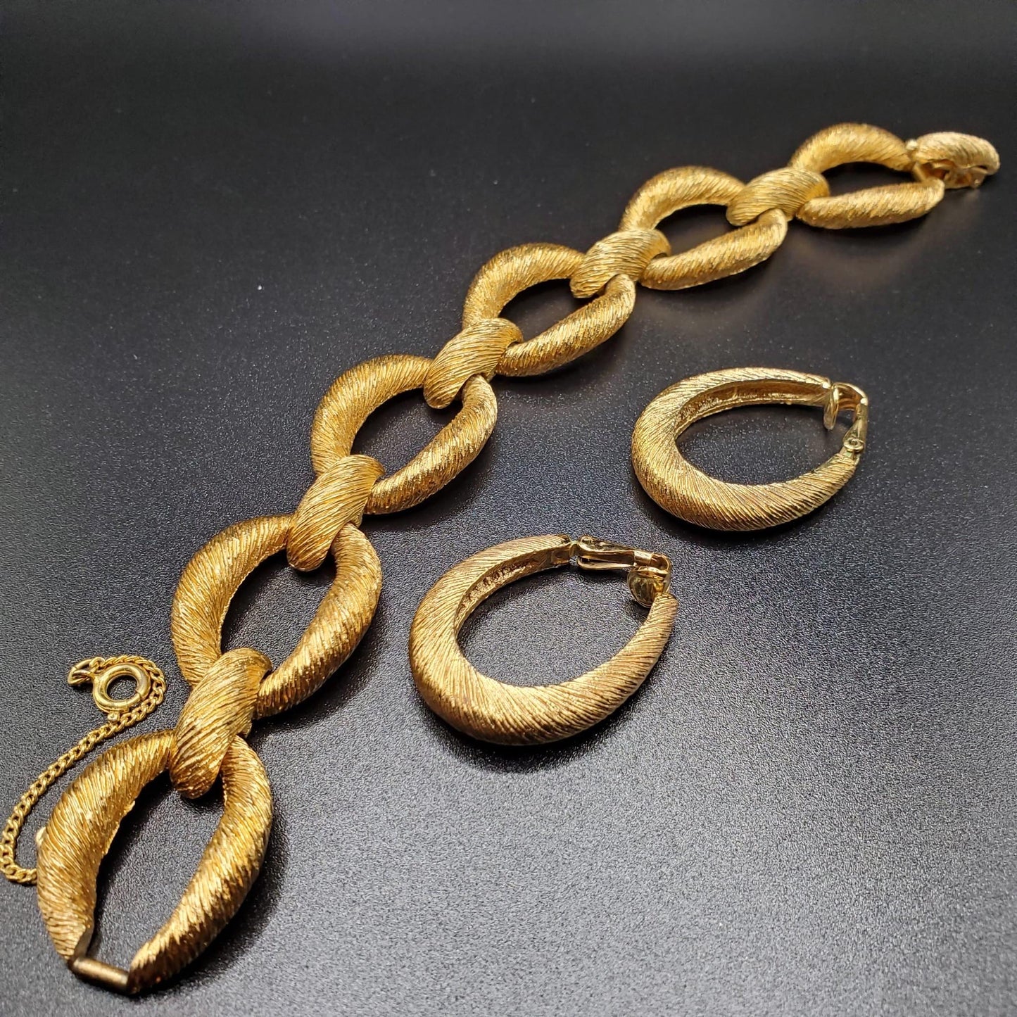 Vintage PANETTA Chunky Link Bracelet & Clip On Earrings Set  Gold Tone