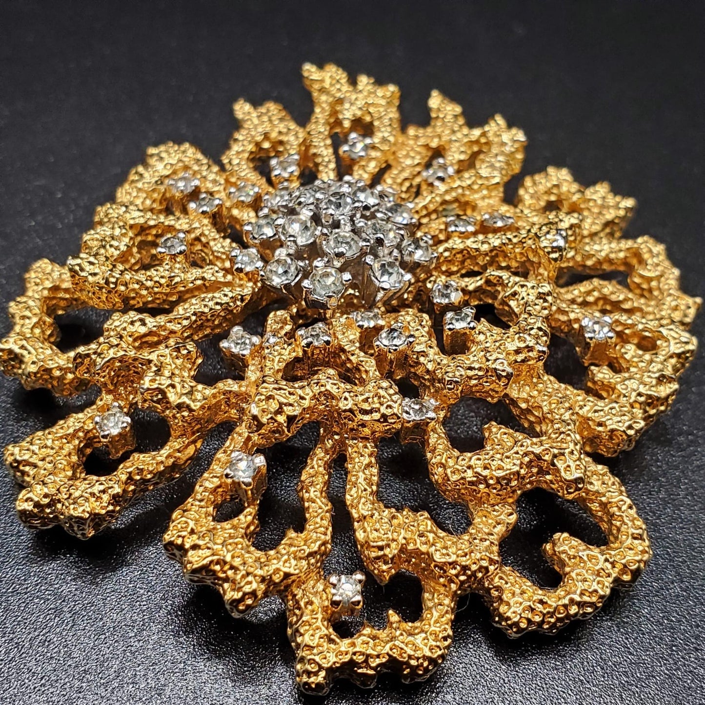 Vintage PANETTA Large Flower Shaped Brooch Pin, Gold Tone, Rhinestone