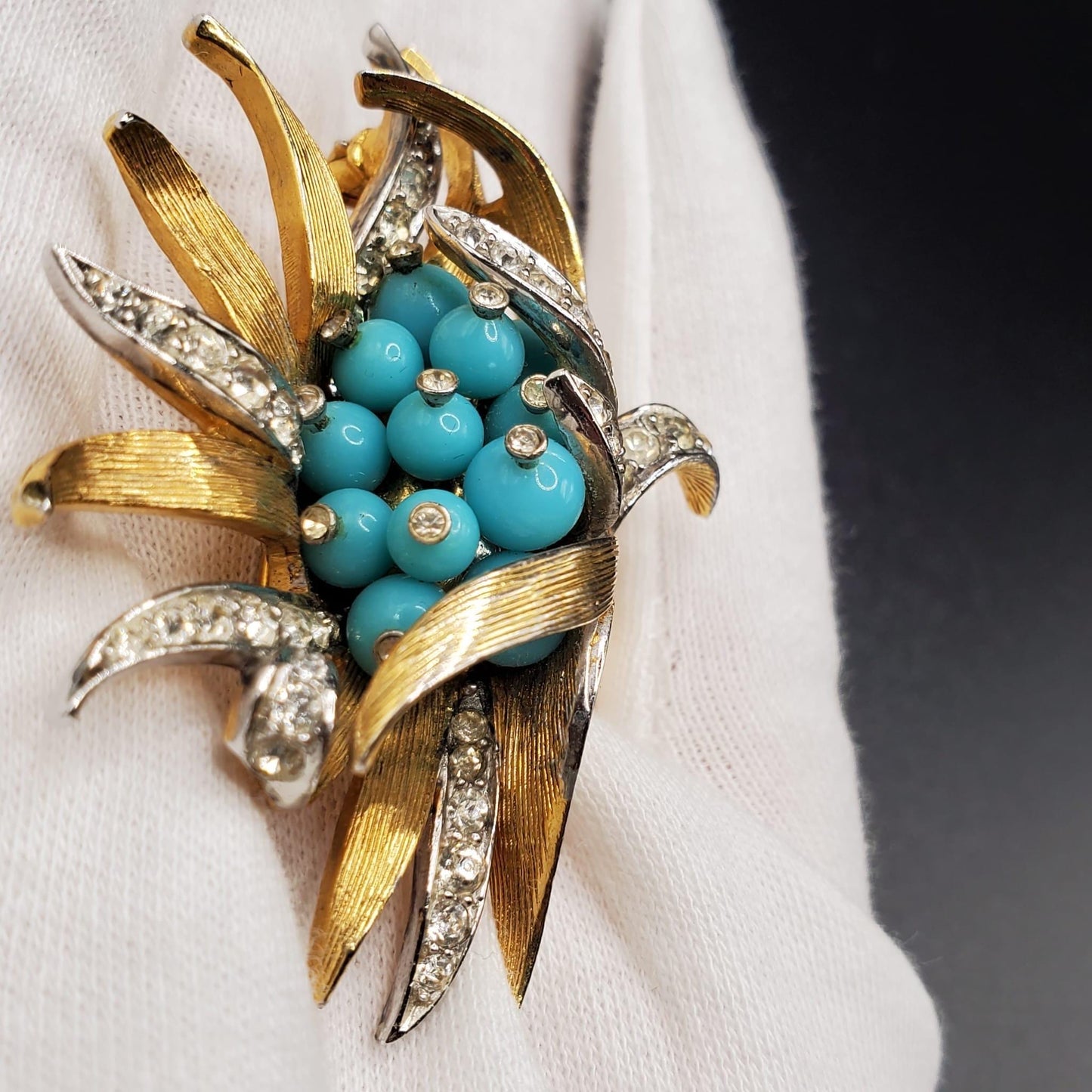 Vintage BOUCHER Gold Tone Rhinestones Faux Turquoise Flower Brooch Pin