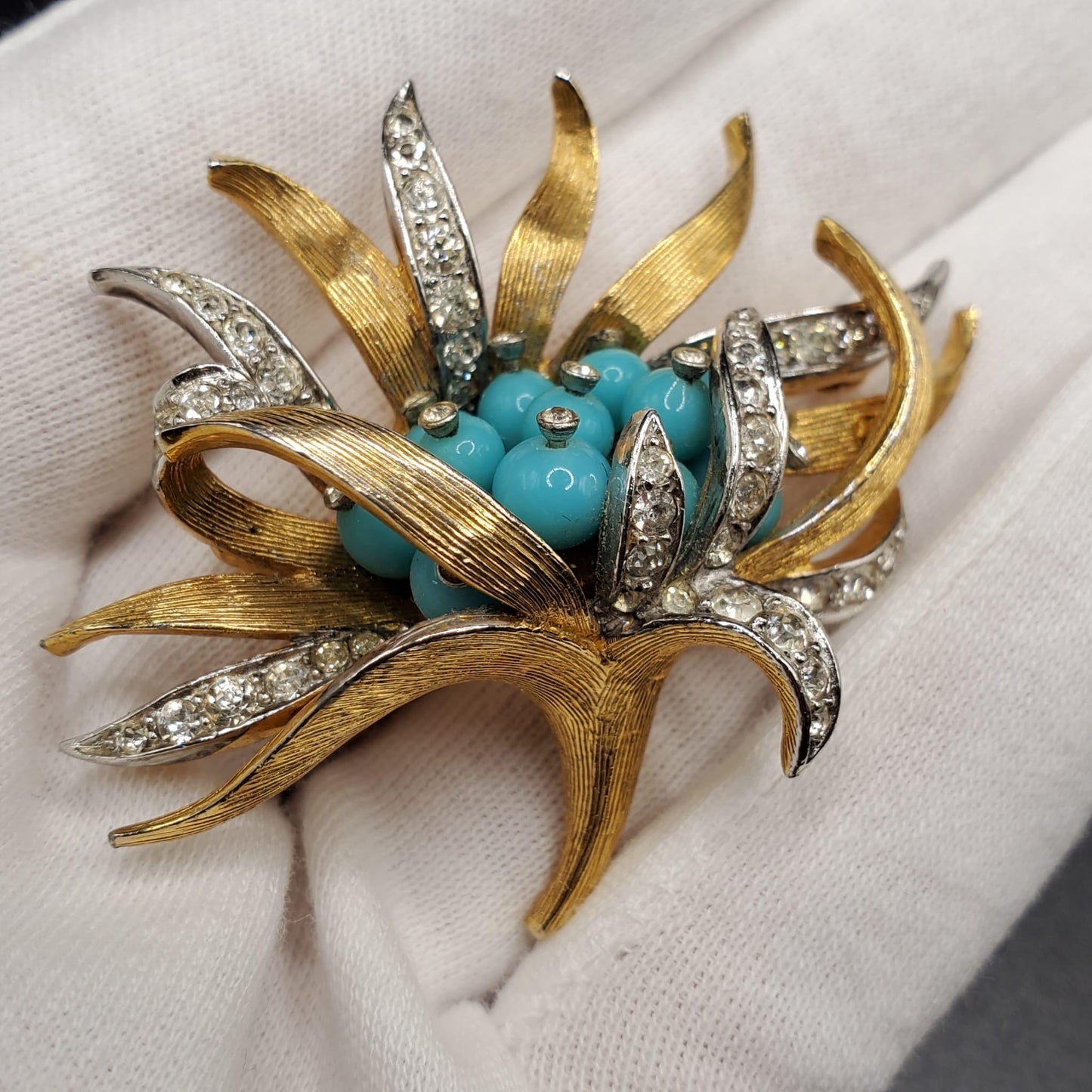 Vintage BOUCHER Gold Tone Rhinestones Faux Turquoise Flower Brooch Pin