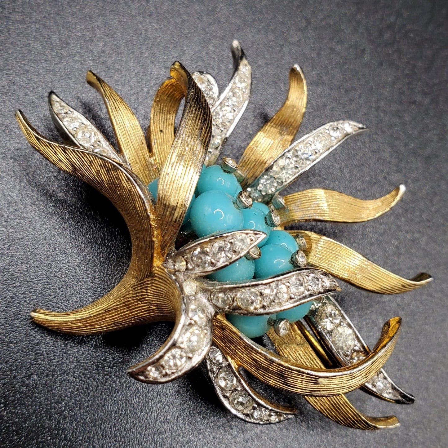 Vintage BOUCHER Gold Tone Rhinestones Faux Turquoise Flower Brooch Pin