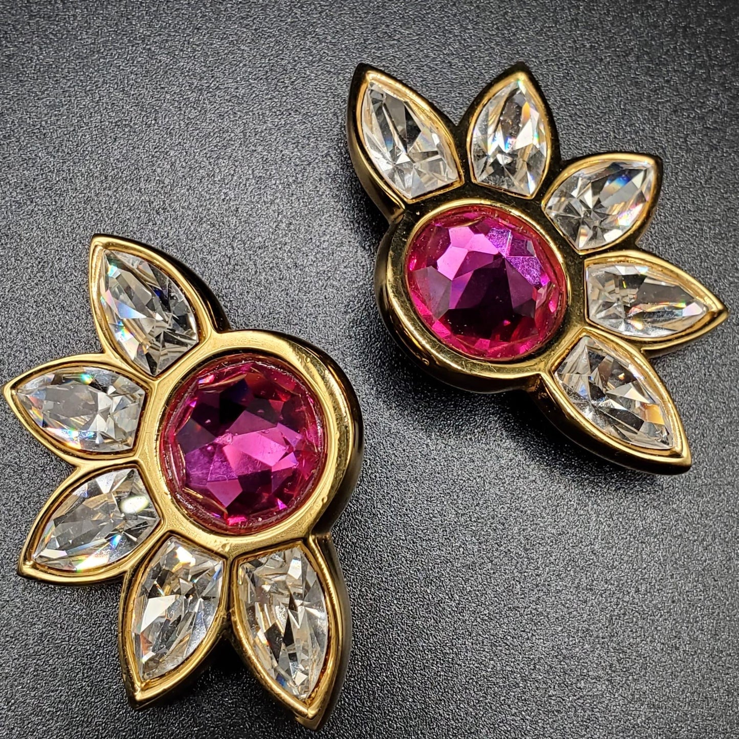 Vintage SWAROVSKI, Massive , Pink, Clear Crystals, Gold Tone Flower Clip On Earrings