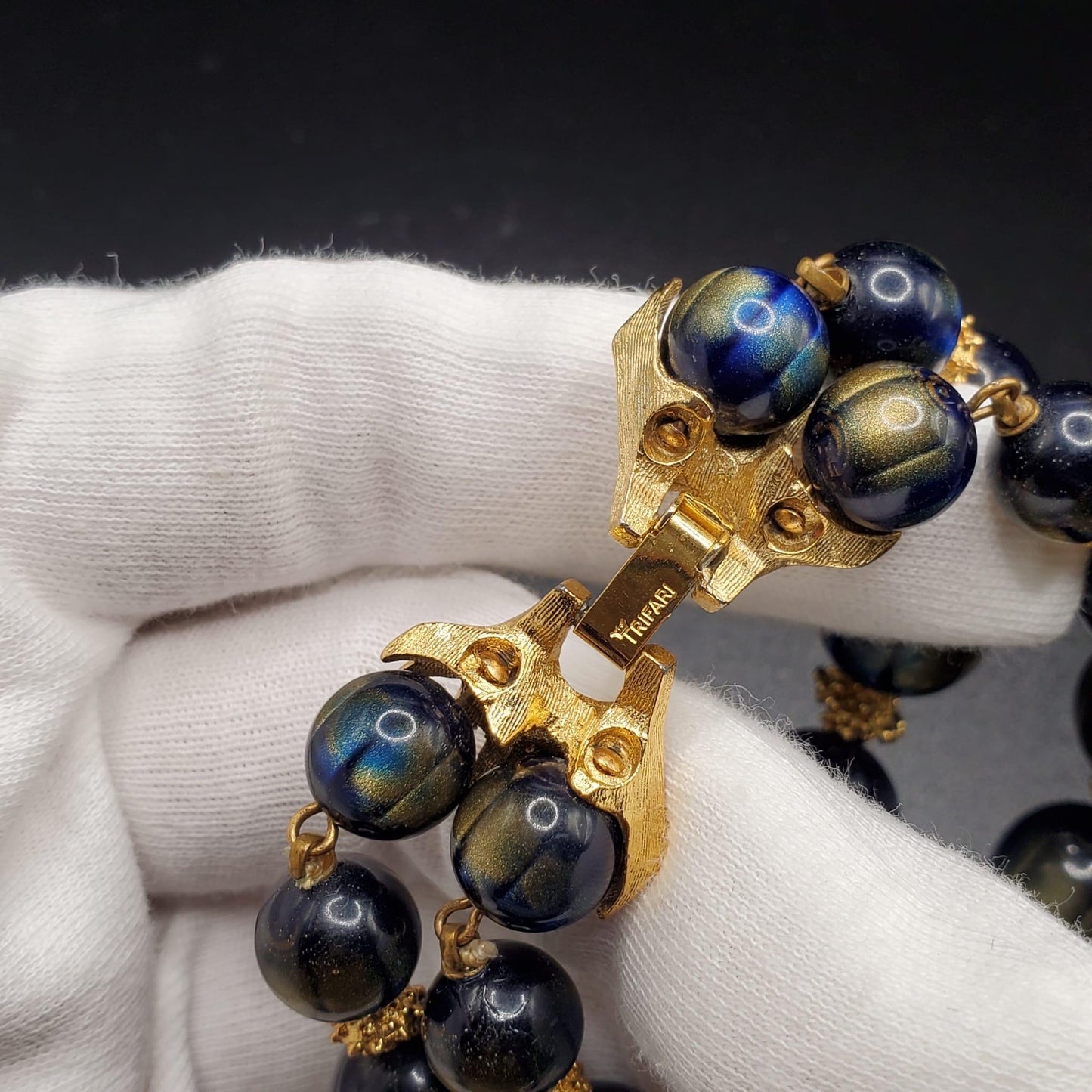 Vintage TRIFARI Crown Blue and Gold Lucite Beaded Bracelet