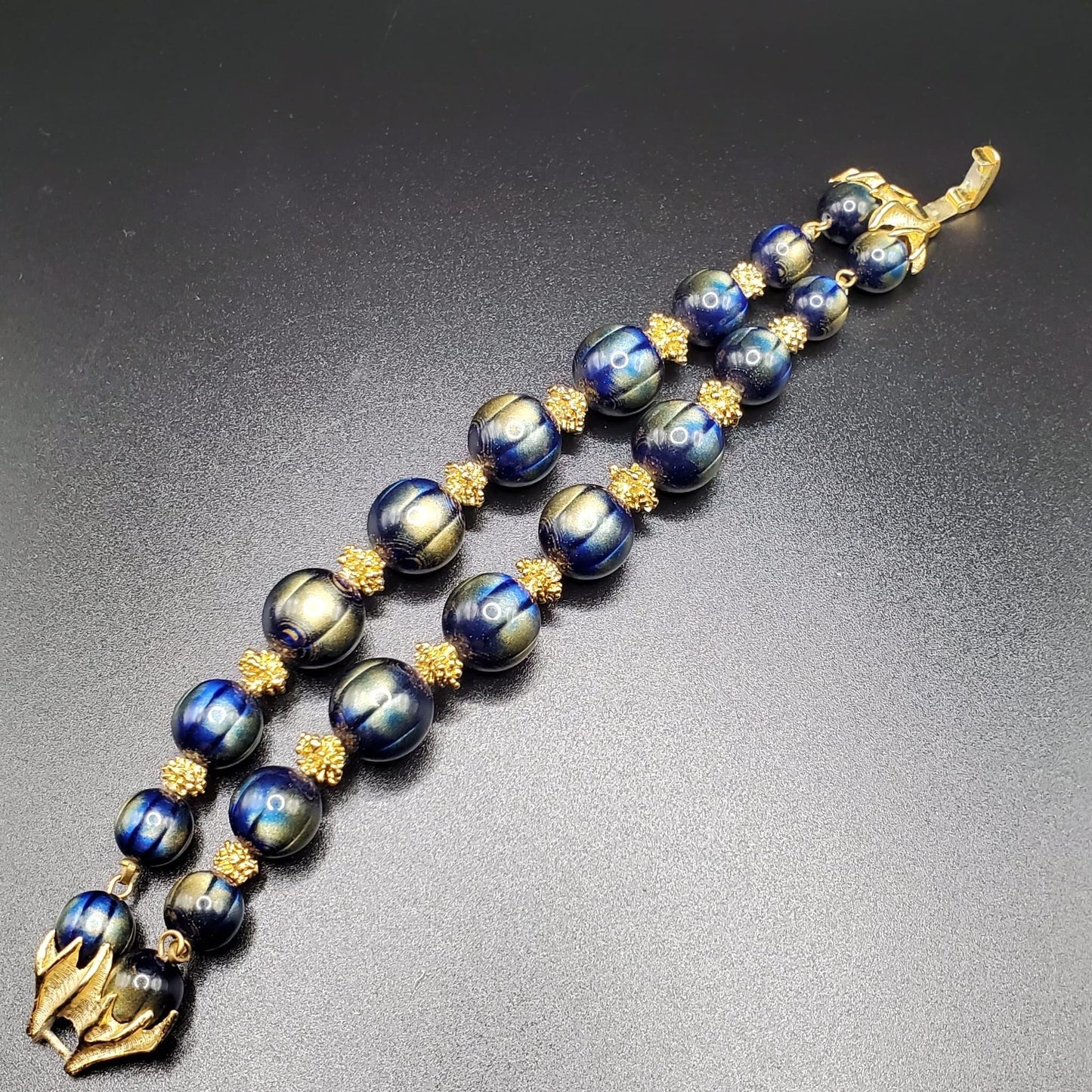 Vintage TRIFARI Crown Blue and Gold Lucite Beaded Bracelet