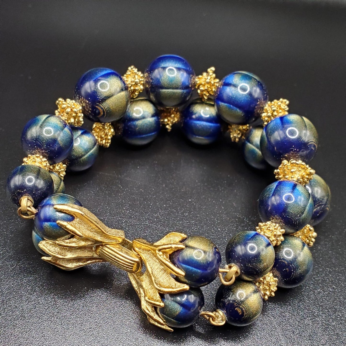 Vintage TRIFARI Crown Blue and Gold Lucite Beaded Bracelet