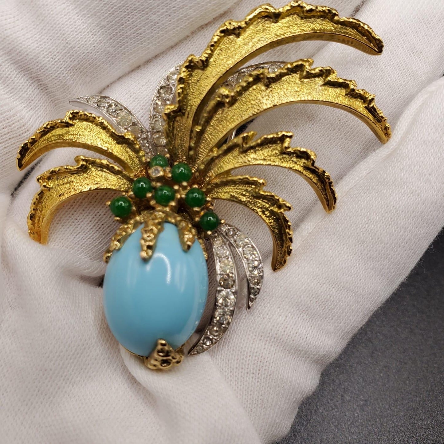 Vintage JOMAZ Signed Very Rare Pineapple Shaped Faux Turquoise And Faux Jade Cabochons Rhinestones Gold And Silver Tone Brooch Pin