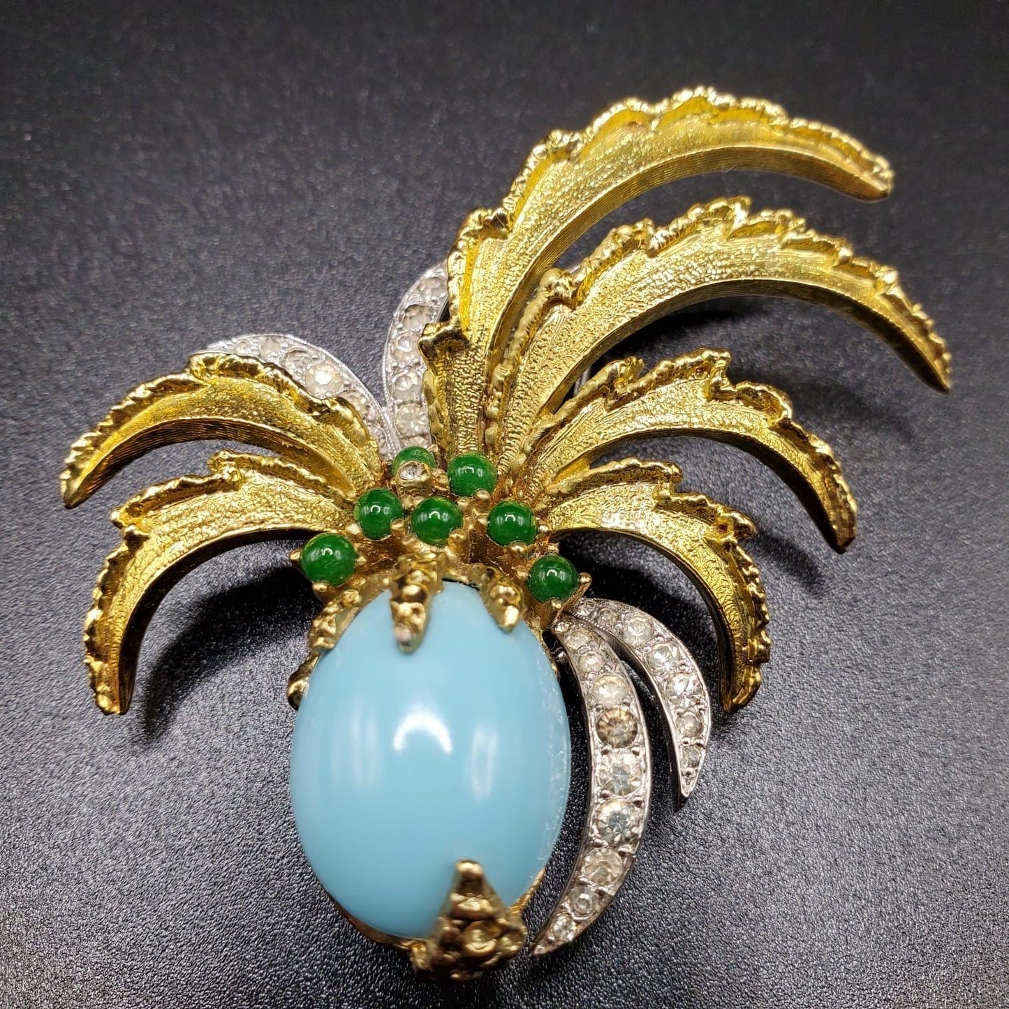 Vintage JOMAZ Signed Very Rare Pineapple Shaped Faux Turquoise And Faux Jade Cabochons Rhinestones Gold And Silver Tone Brooch Pin