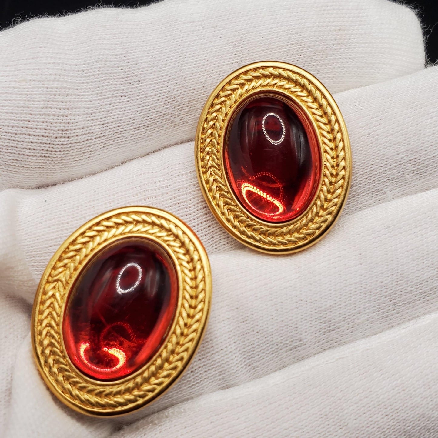 Vintage MONET Signed, Oval Shaped, Ruby Red Cabochon, Matte Gold Tone, Pierced Earrings, Very Rare