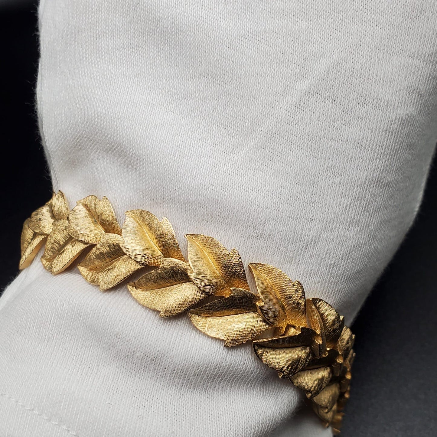 Vintage TRIFARI Crown Signed Leaf Bracelet With Tag, Brushed Gold Tone Metal