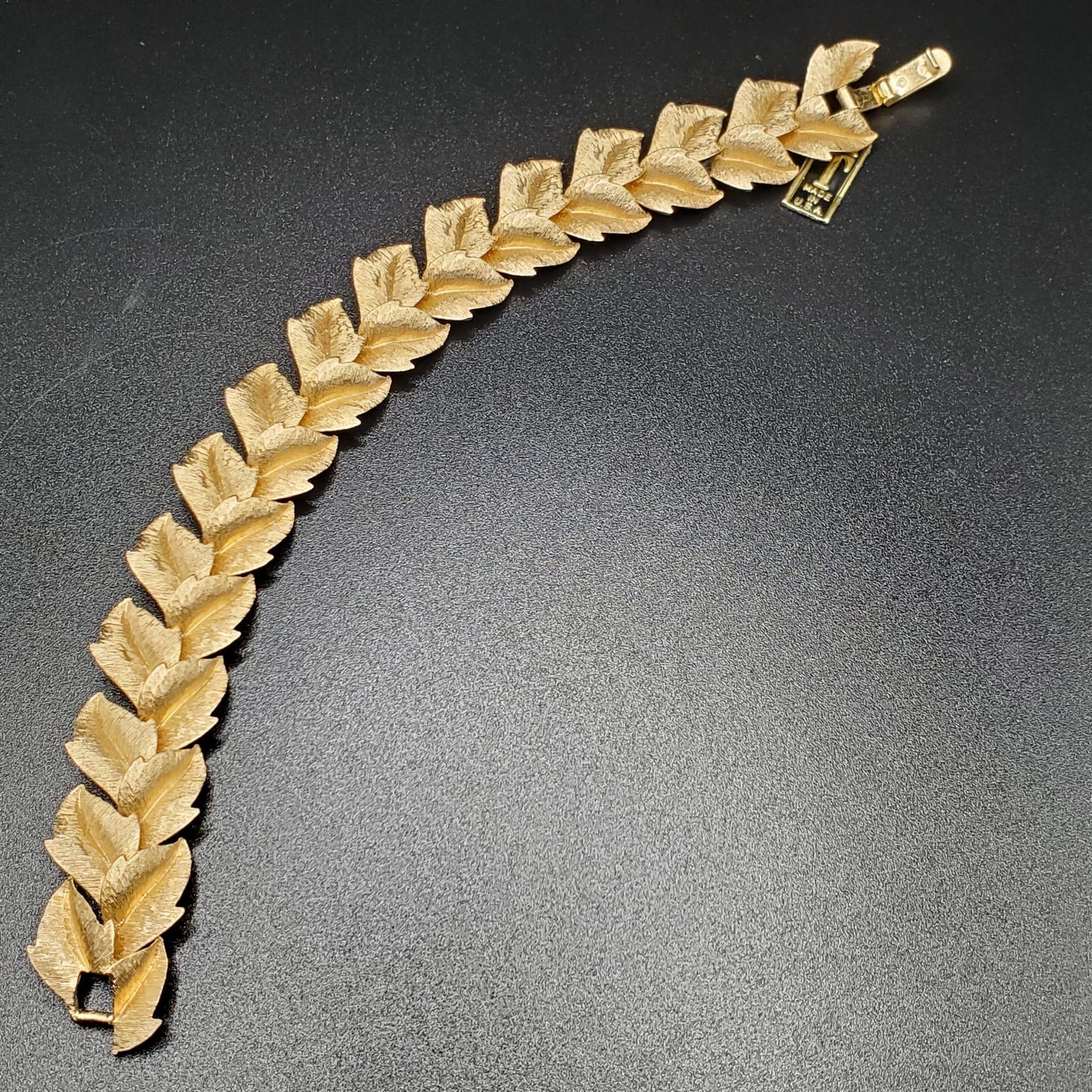 Vintage TRIFARI Crown Signed Leaf Bracelet With Tag, Brushed Gold Tone Metal