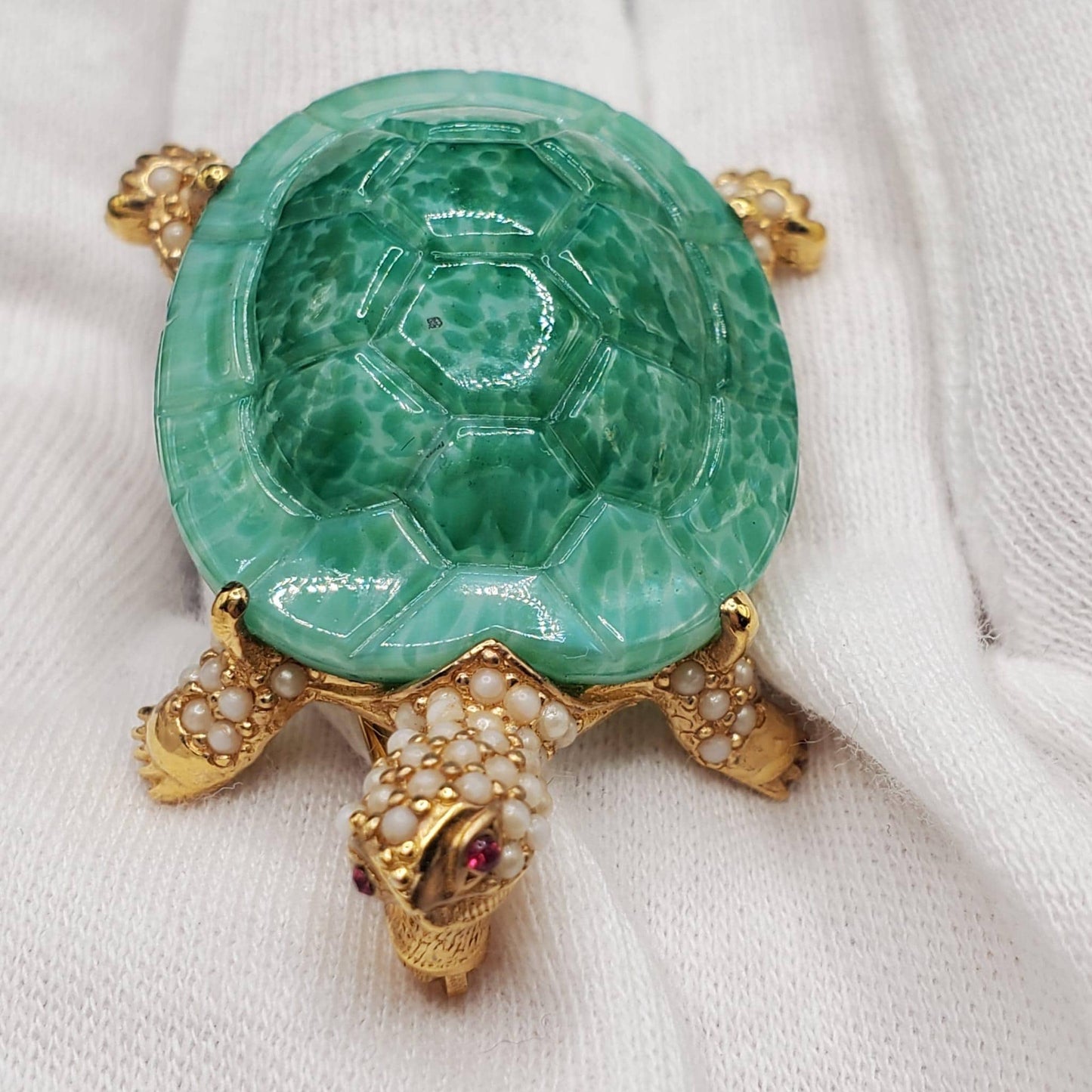 Vintage CINER Signed TURTLE BROOCH Pin Faux Seed Pearls Peking Glass Ruby Rhinestones Gold Tone Brooch Pin