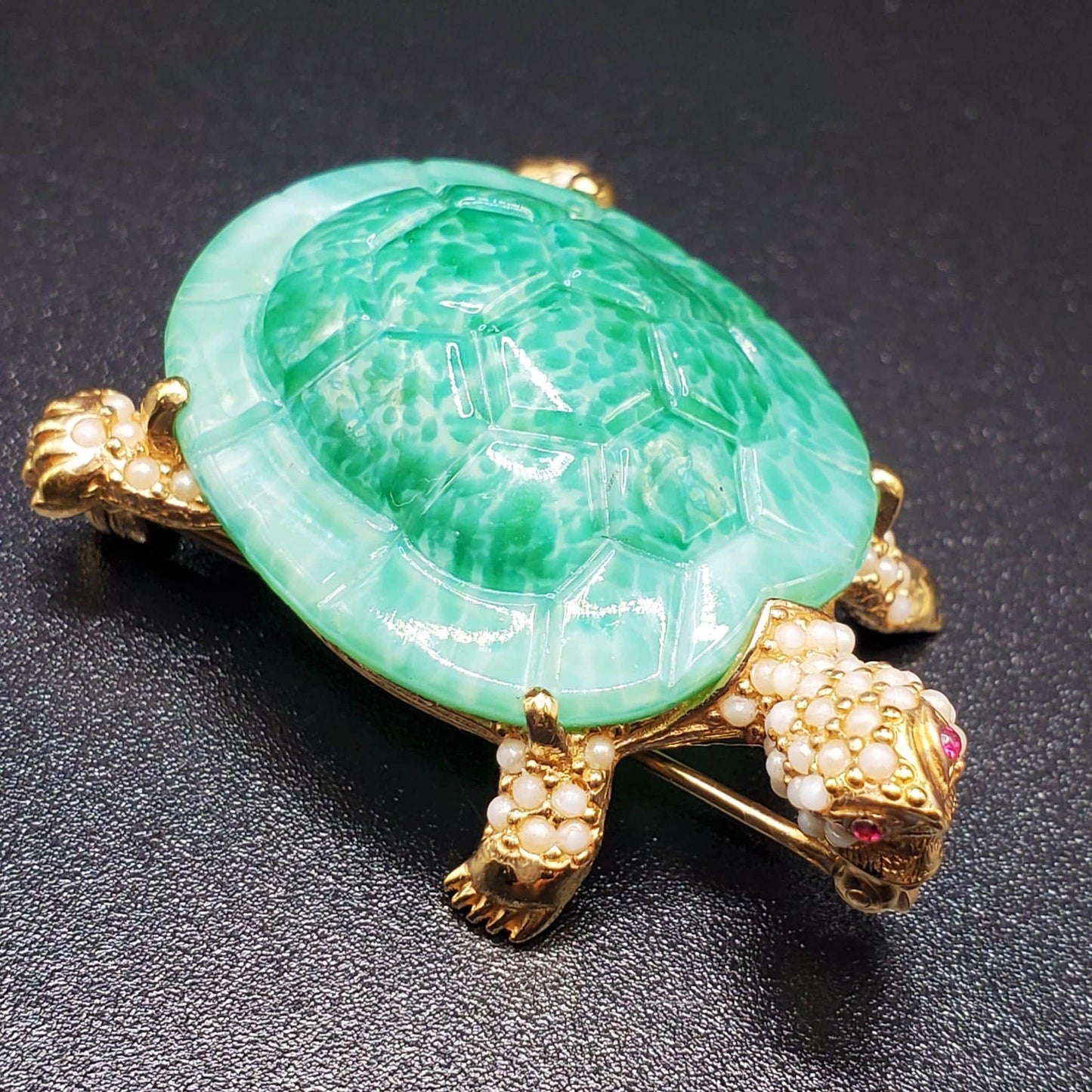 Vintage CINER Signed TURTLE BROOCH Pin Faux Seed Pearls Peking Glass Ruby Rhinestones Gold Tone Brooch Pin