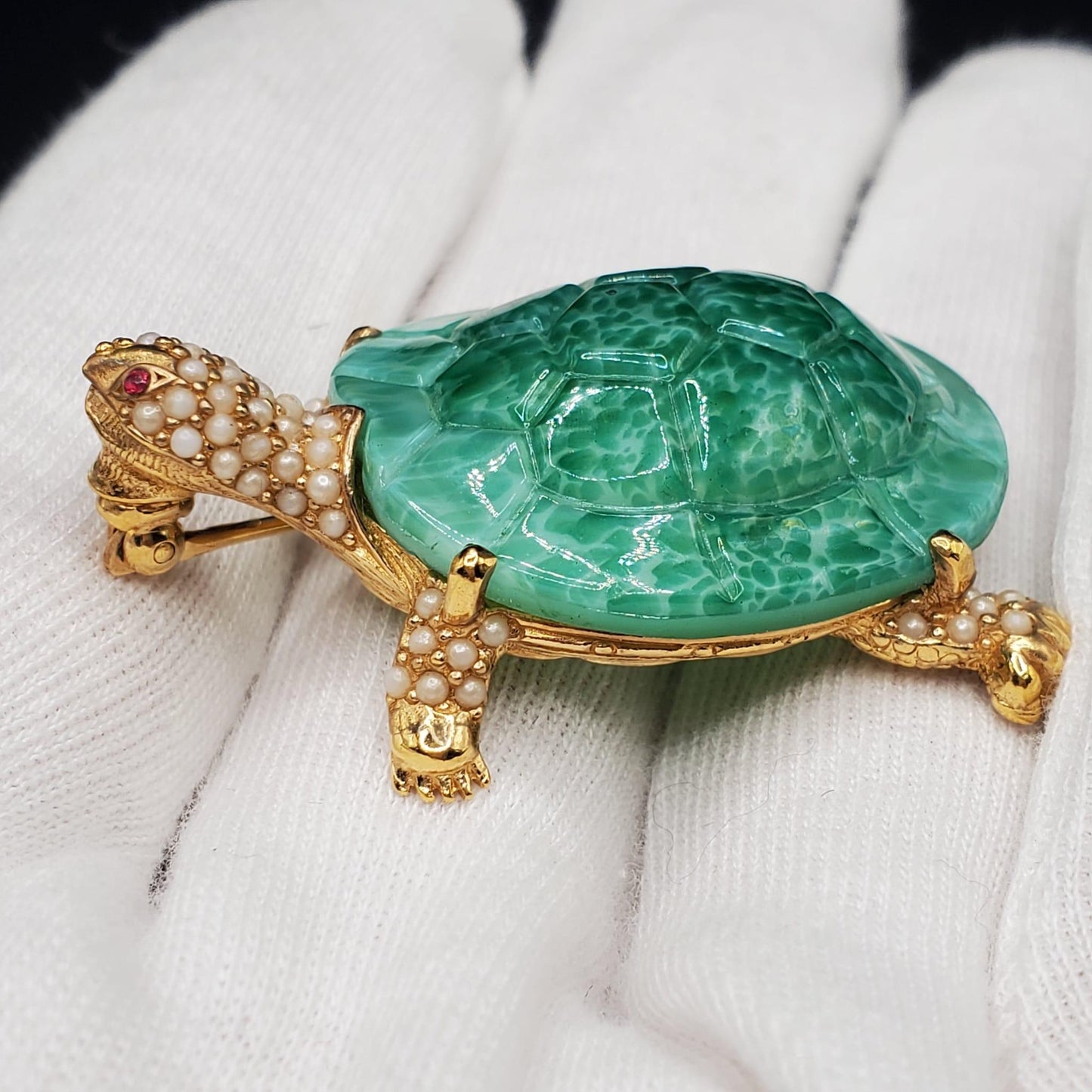 Vintage CINER Signed TURTLE BROOCH Pin Faux Seed Pearls Peking Glass Ruby Rhinestones Gold Tone Brooch Pin