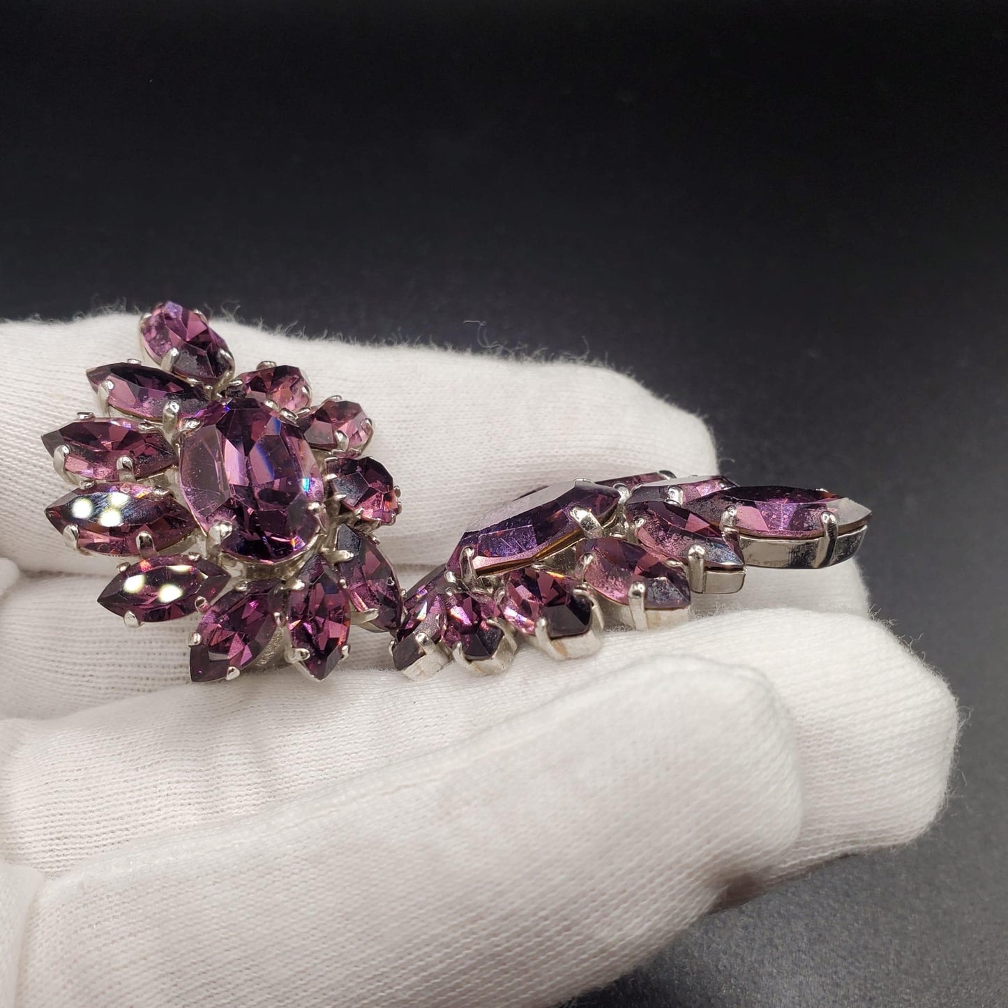 Vintage GERMANY Signed Victorian Revival Bohemian Amethyst Rhinestones Large Cluster Clip On Earrings