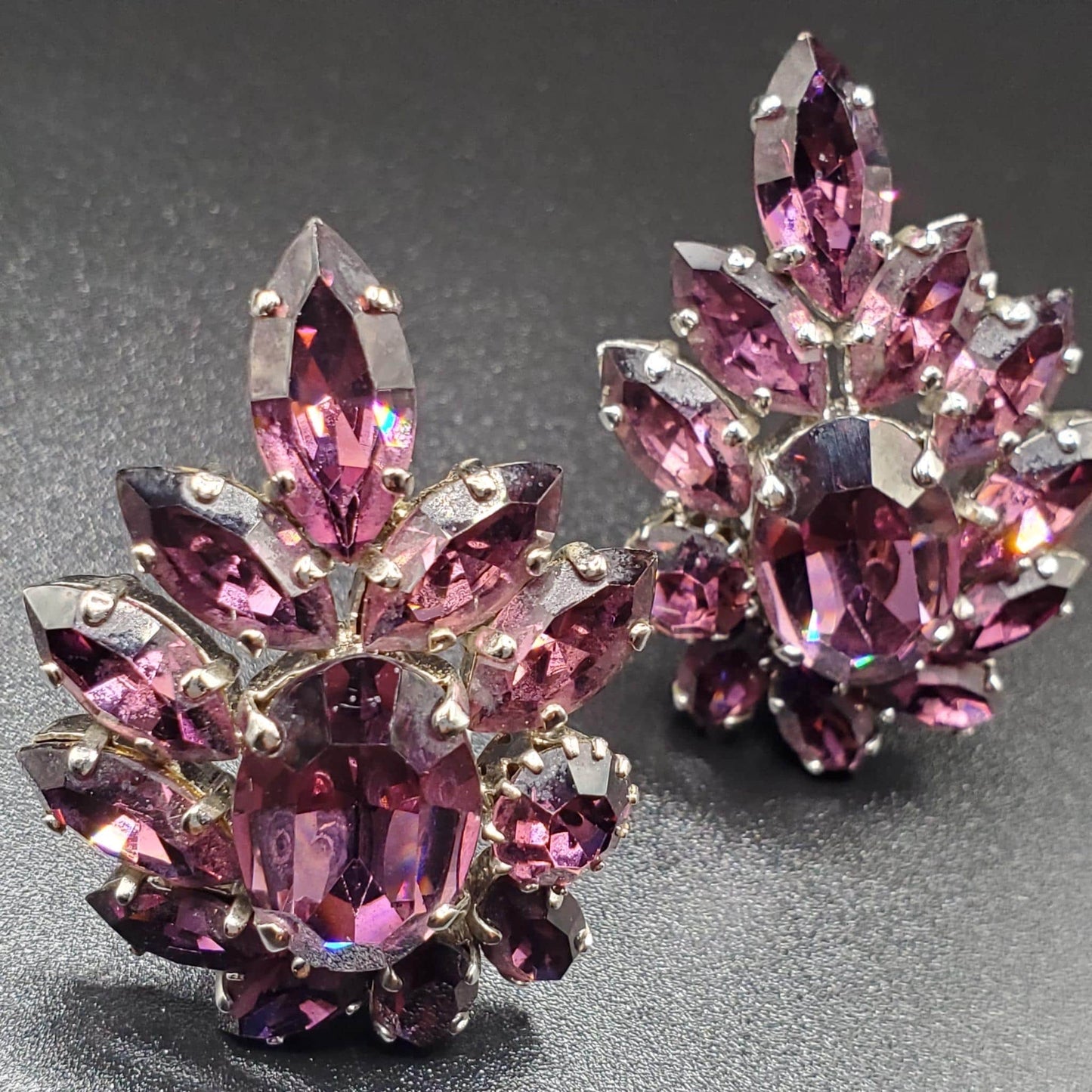 Vintage GERMANY Signed Victorian Revival Bohemian Amethyst Rhinestones Large Cluster Clip On Earrings