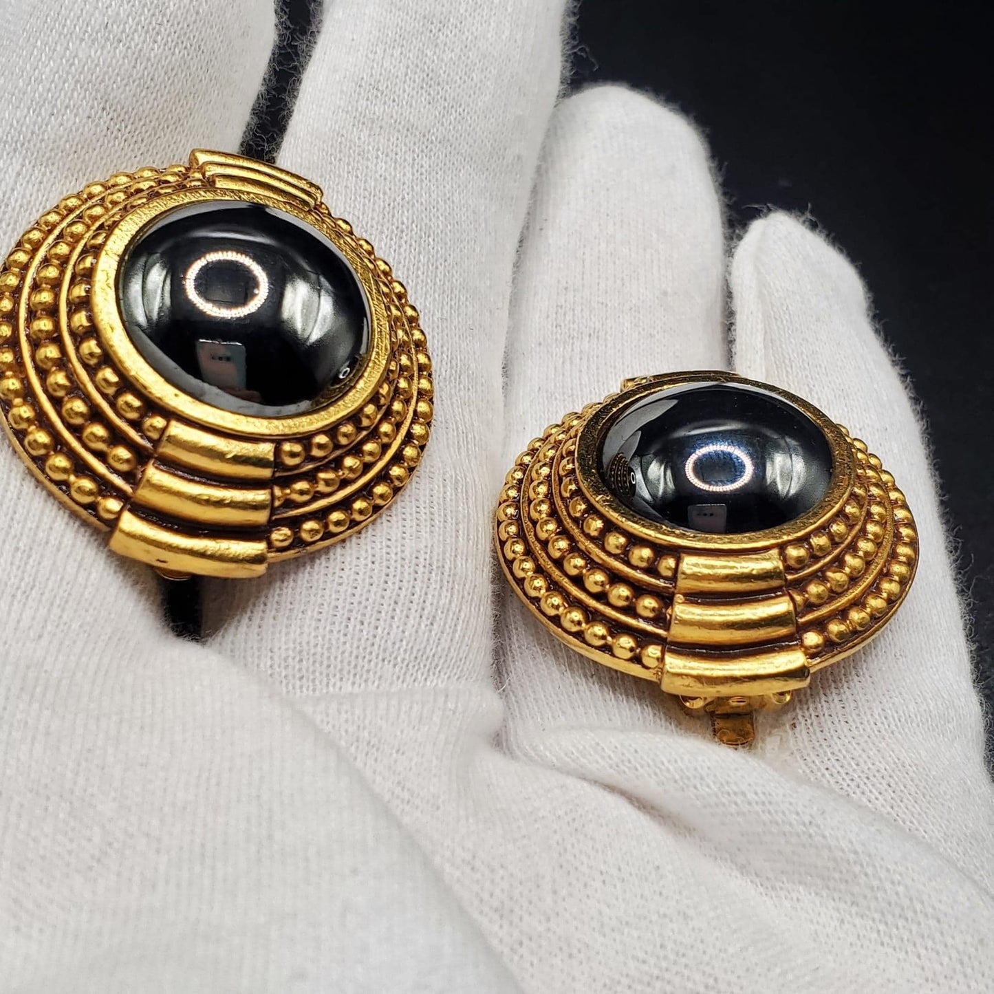 Vintage DIVA Signed, Large, Gold Tone, Round Silver-Black Rhinestone, Clip On Earrings