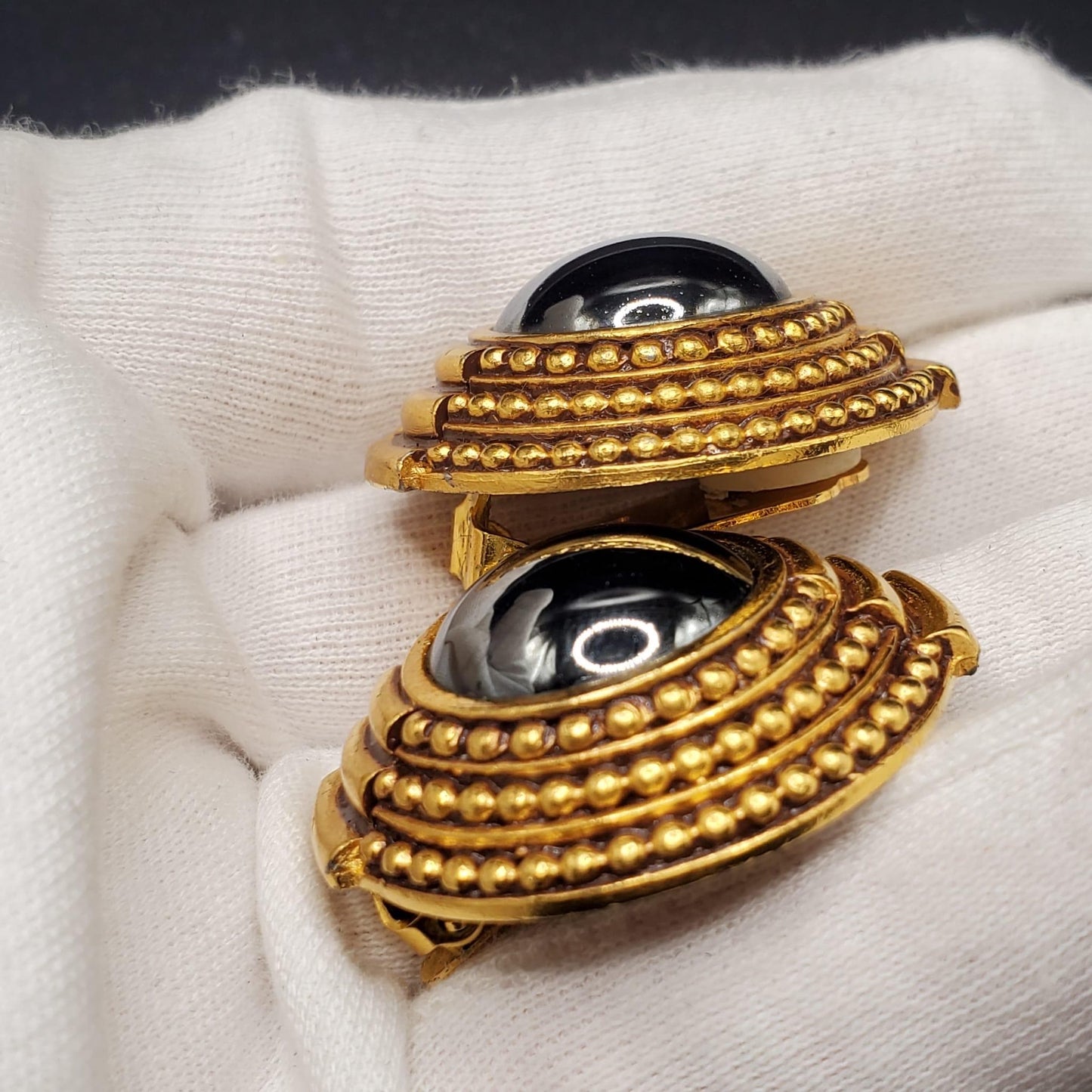 Vintage DIVA Signed, Large, Gold Tone, Round Silver-Black Rhinestone, Clip On Earrings