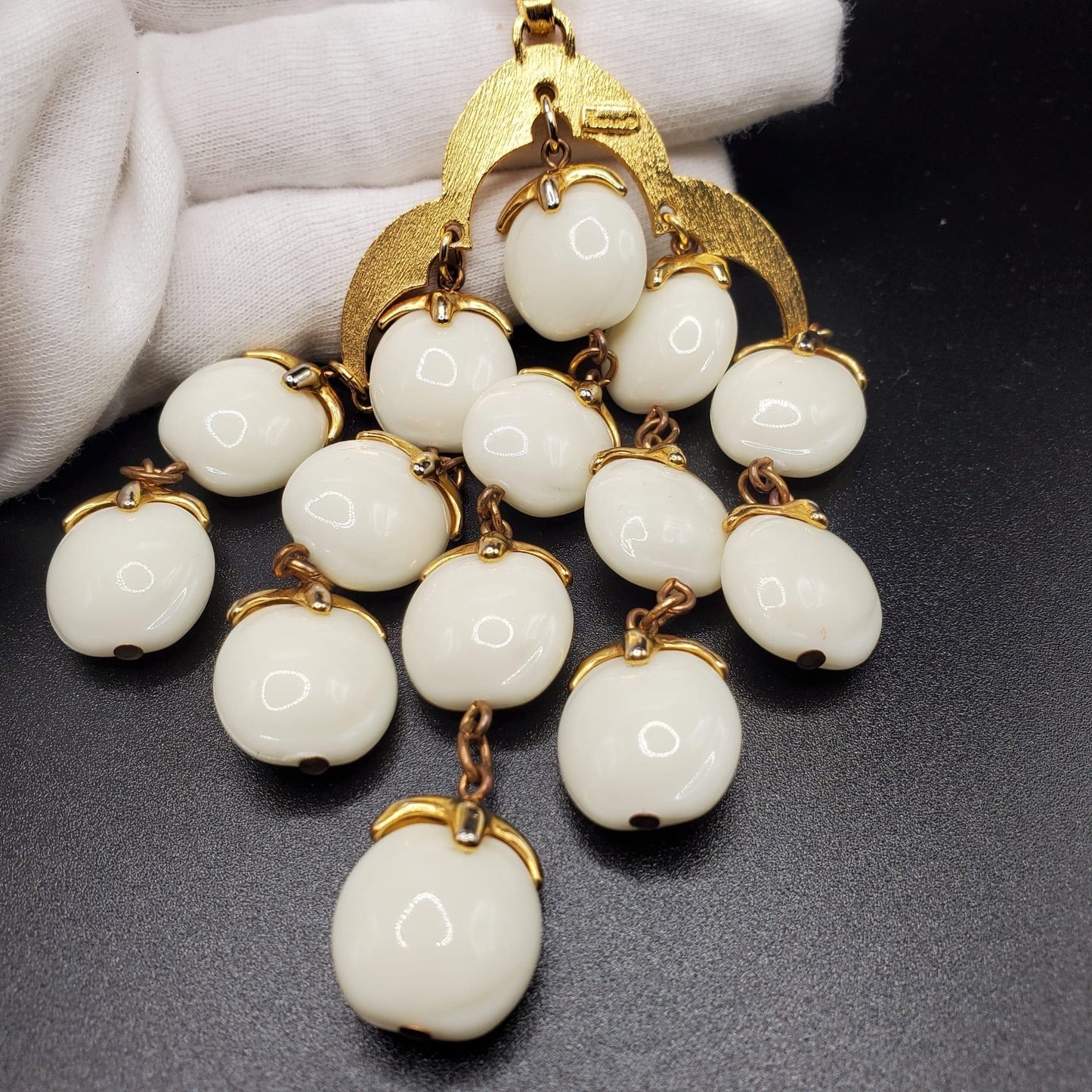 Vintage TRIFARI Crown Signed Waterfall Necklace, White Lucite Beads, Gold Tone Chains, Statement Piece