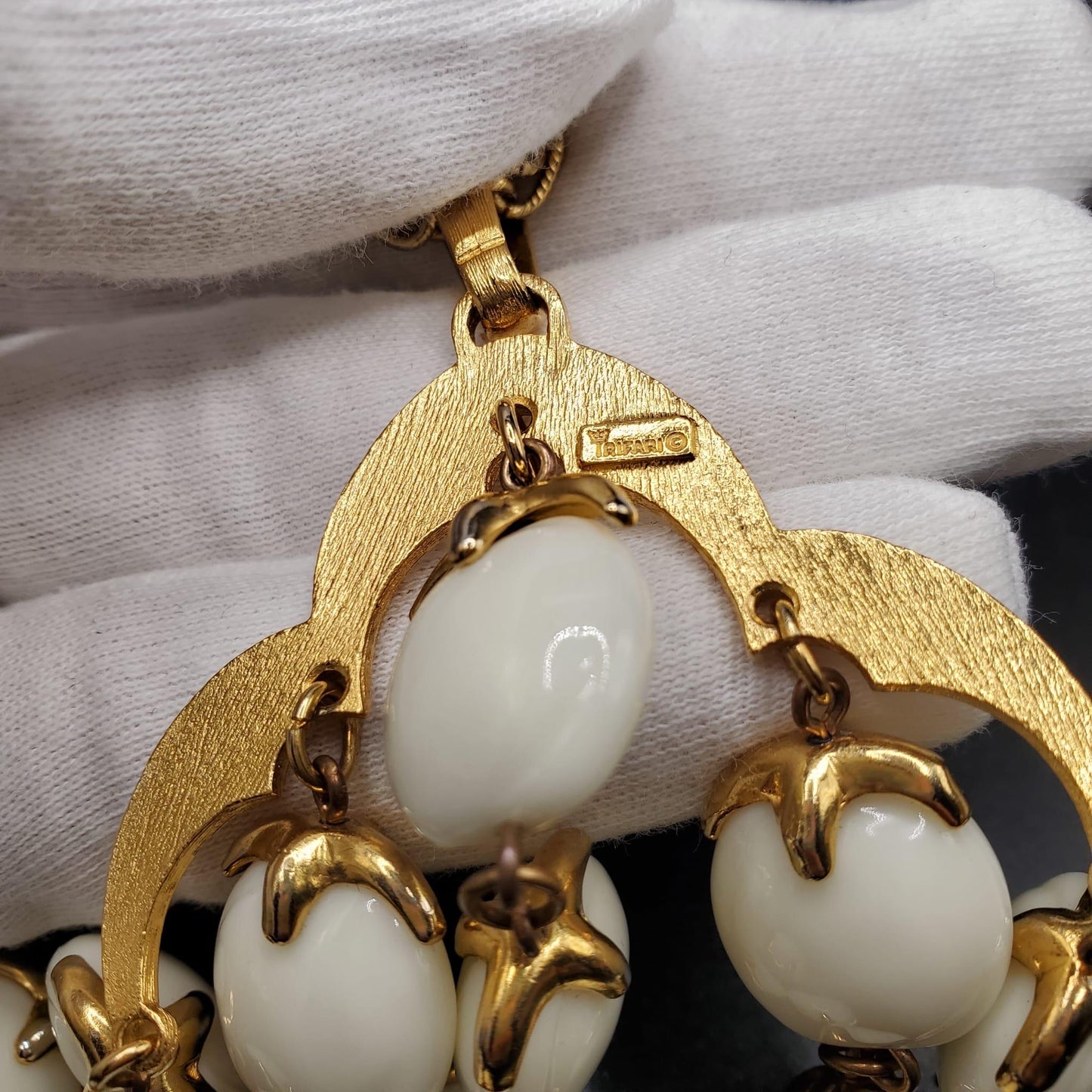 Vintage TRIFARI Crown Signed Waterfall Necklace, White Lucite Beads, Gold Tone Chains, Statement Piece