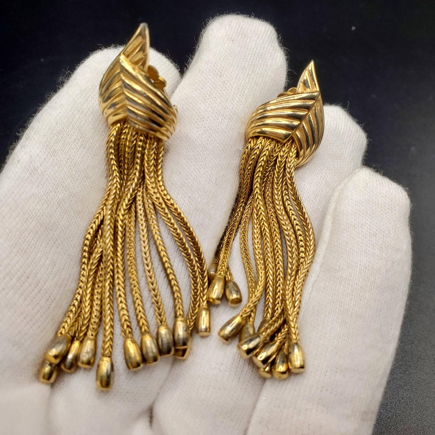 Vintage MARCEL BOUCHER Signed Runway Designer Tassel Gold Tone Clip On Earrings